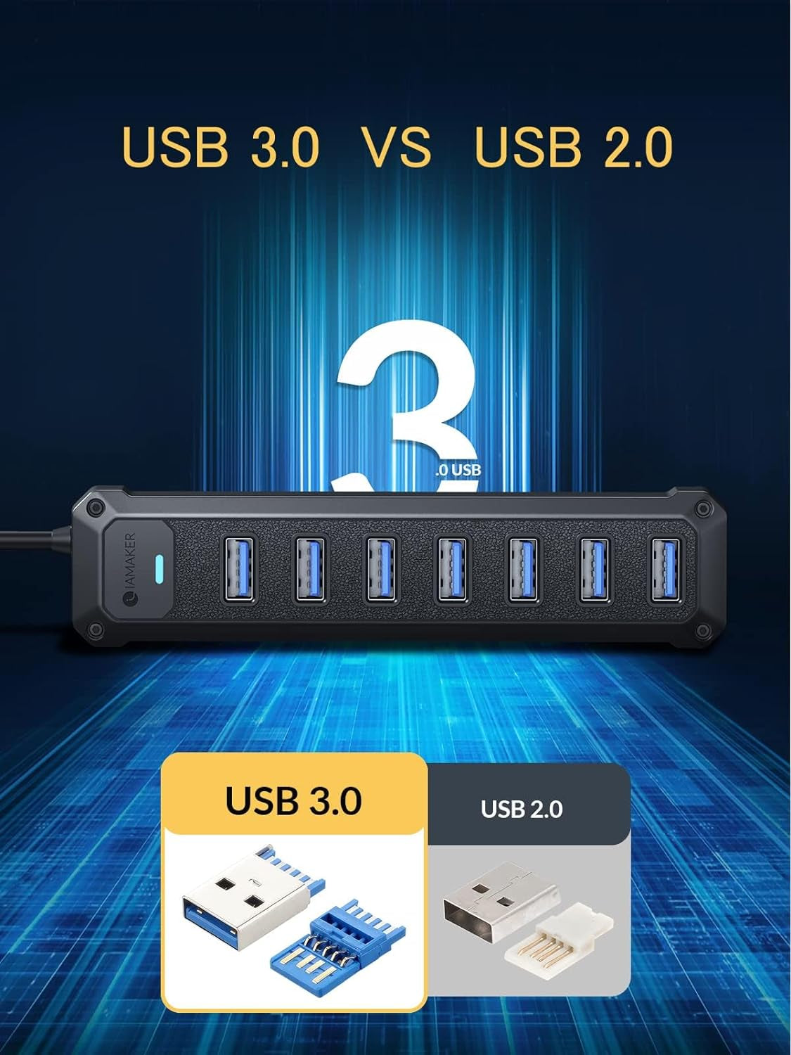 7-Port USB 3.0 Hub - High-Speed 5Gbps Data Adapter for Laptops, PCs, Printers, and More