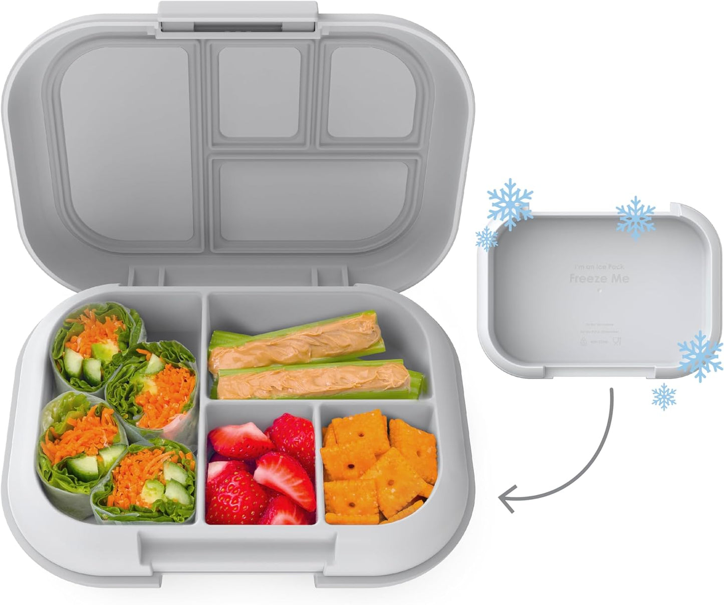 Children's Leak-Proof Lunch Box with Reusable Ice Pack - 4-Compartment Bento Container, Microwave & Dishwasher Safe, 2-Year Warranty (Gray)