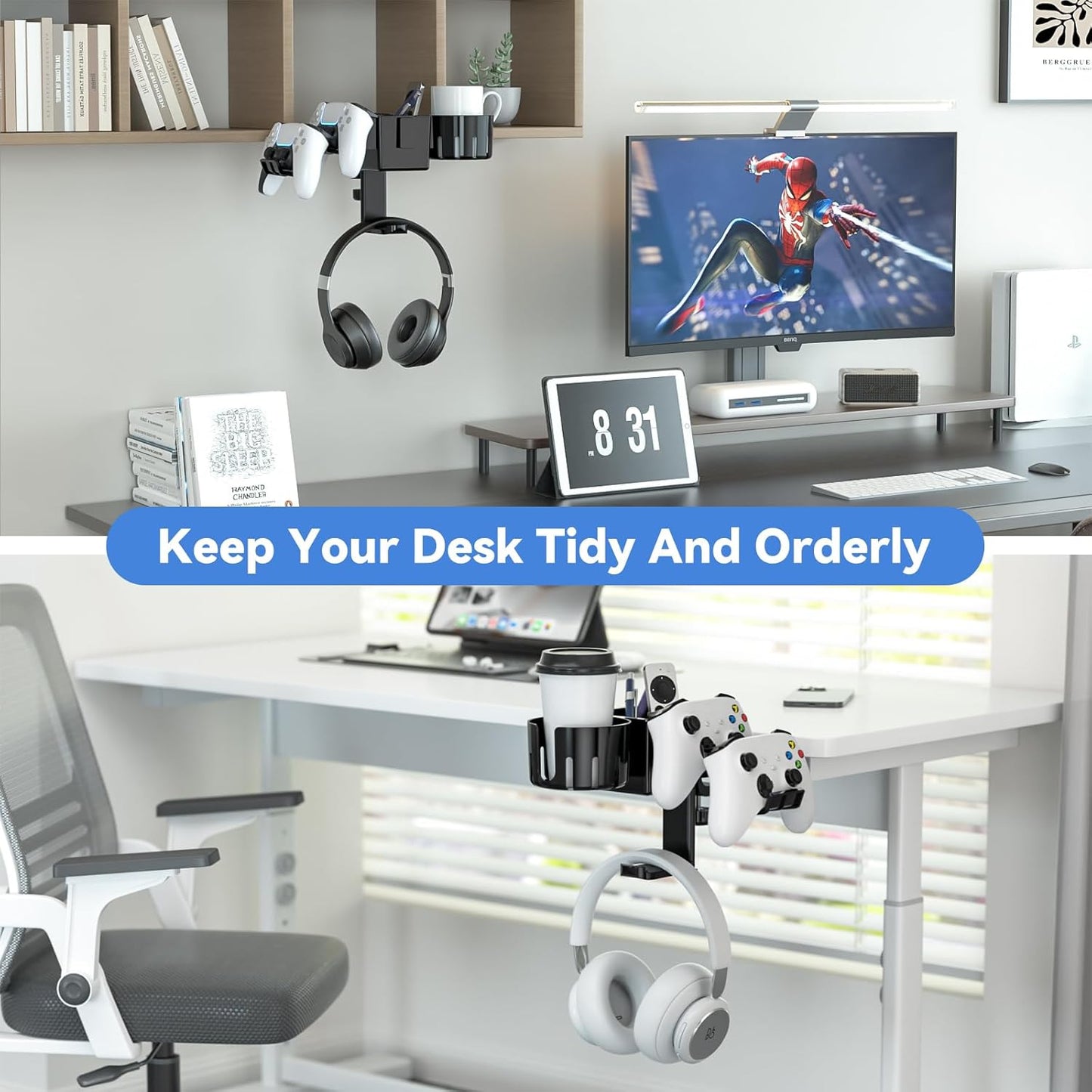 5-in-1 Desk Organizer with Rotating Headphone Hanger and Cup Holder - Clamp-On Storage Solution for Controllers, Headphones, Cups, Mobile Phones, and Pens (Black)