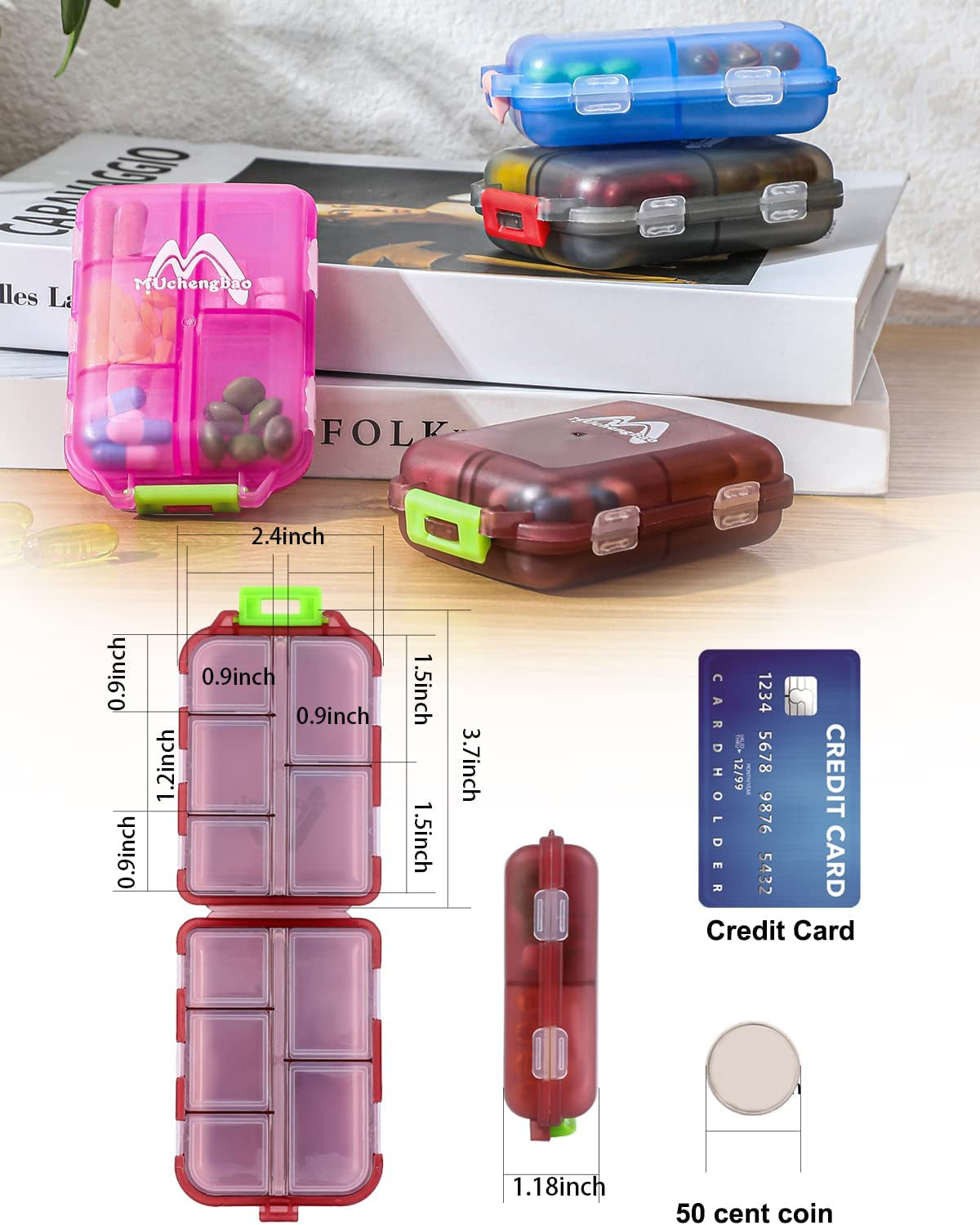 4 Pack Pill Case Portable Small Weekly Travel Pill Organizer Portable Pocket Pill Box Dispenser for Purse Vitamin Fish Oil Compartments Container Medicine Box by