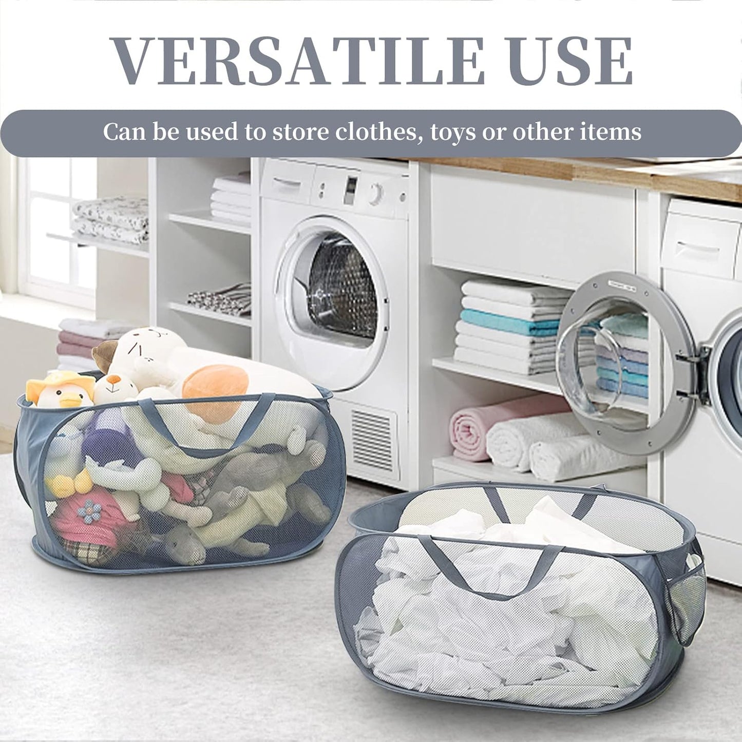 Reinforced Collapsible Laundry Baskets, 3Pcs High-Strength Mesh Pop up Laundry Hamper, Foldable Clothes Hamper with Handles and Side Pocket for Laundry Room Dorm, Horizontal