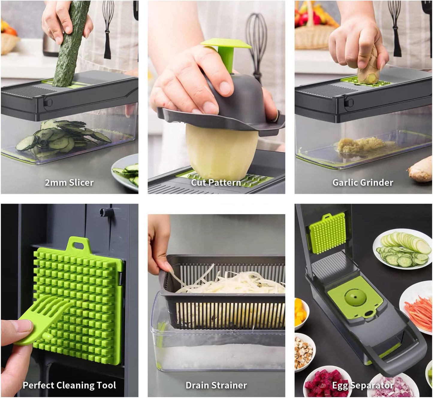 Multifunctional 13-in-1 Vegetable Chopper and Slicer with Container, 8 Interchangeable Blades, Hand Protector, Drain Strainer, and Cleaning Brush