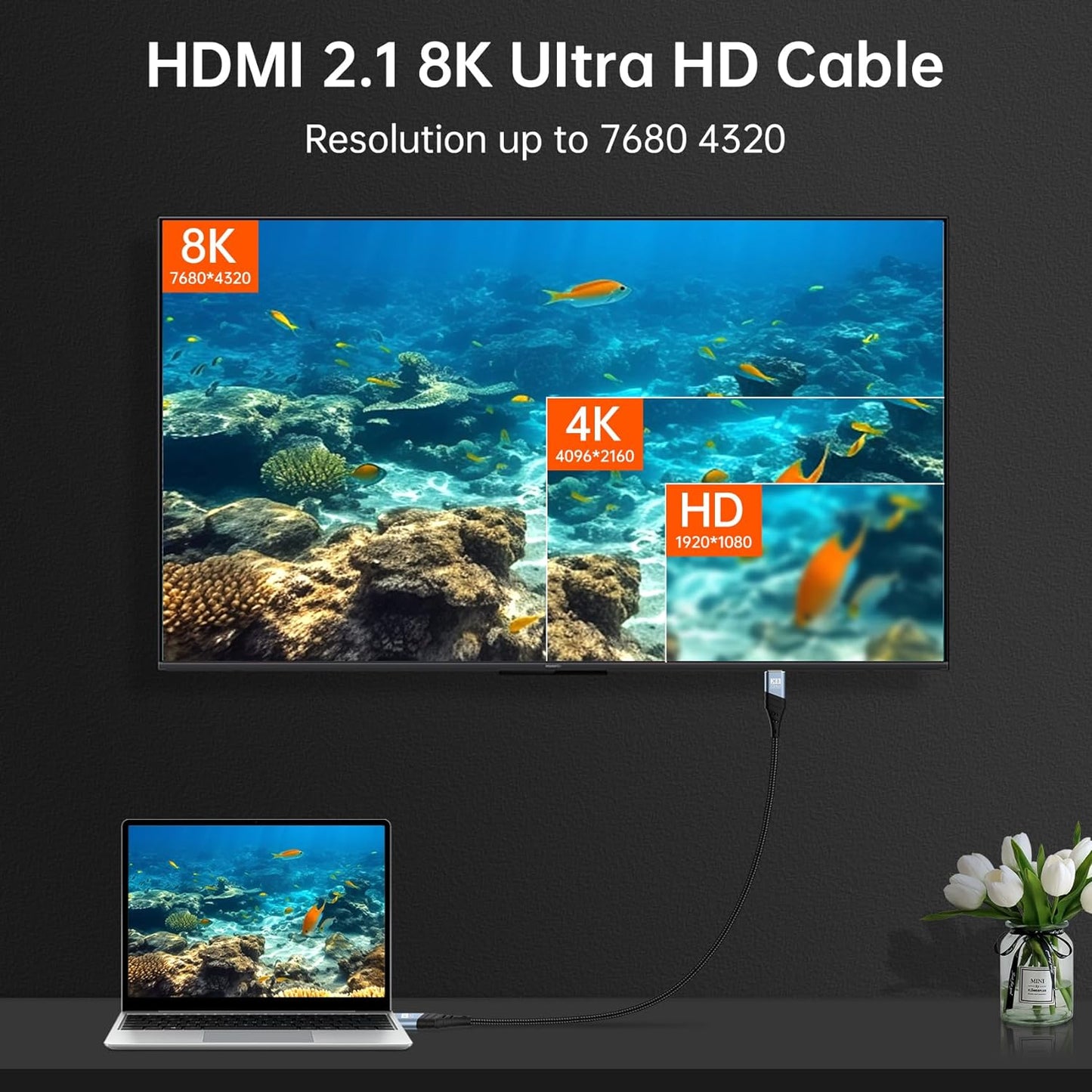 8K HDMI 2.1 Ultra High Speed Cable - 48Gbps, 8K@60Hz, 4K@120Hz, Compatible with HDTV, DTS:X, Dynamic HDR, Dolby Atmos