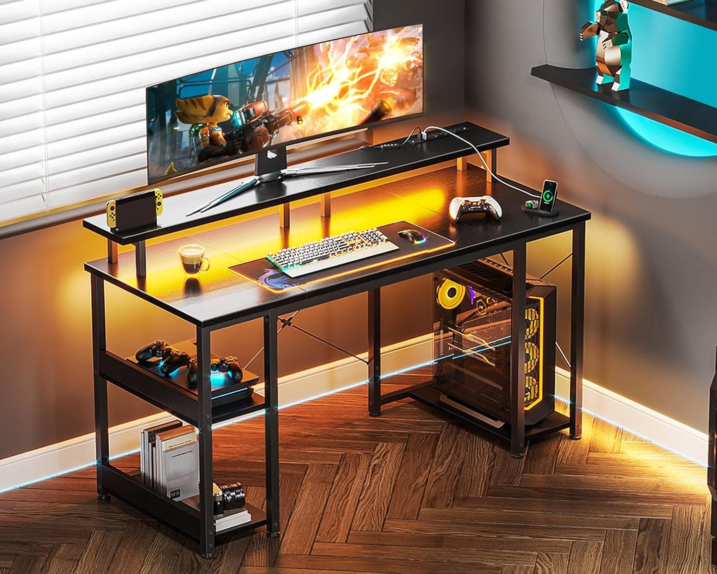48-Inch Gaming Desk with LED Lighting and Power Outlet, Featuring Storage Shelves and Monitor Stand, Black