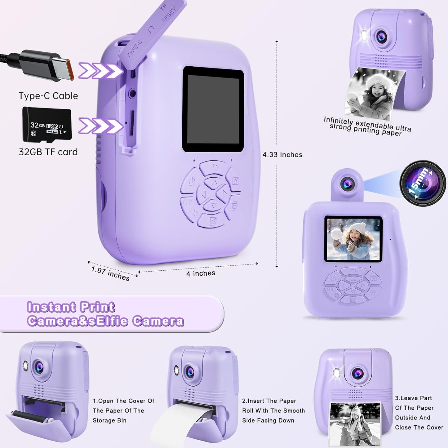 Kids Instant Print Camera - Instant Camera, Video Camera Toy, Ages 3+ (Purple)