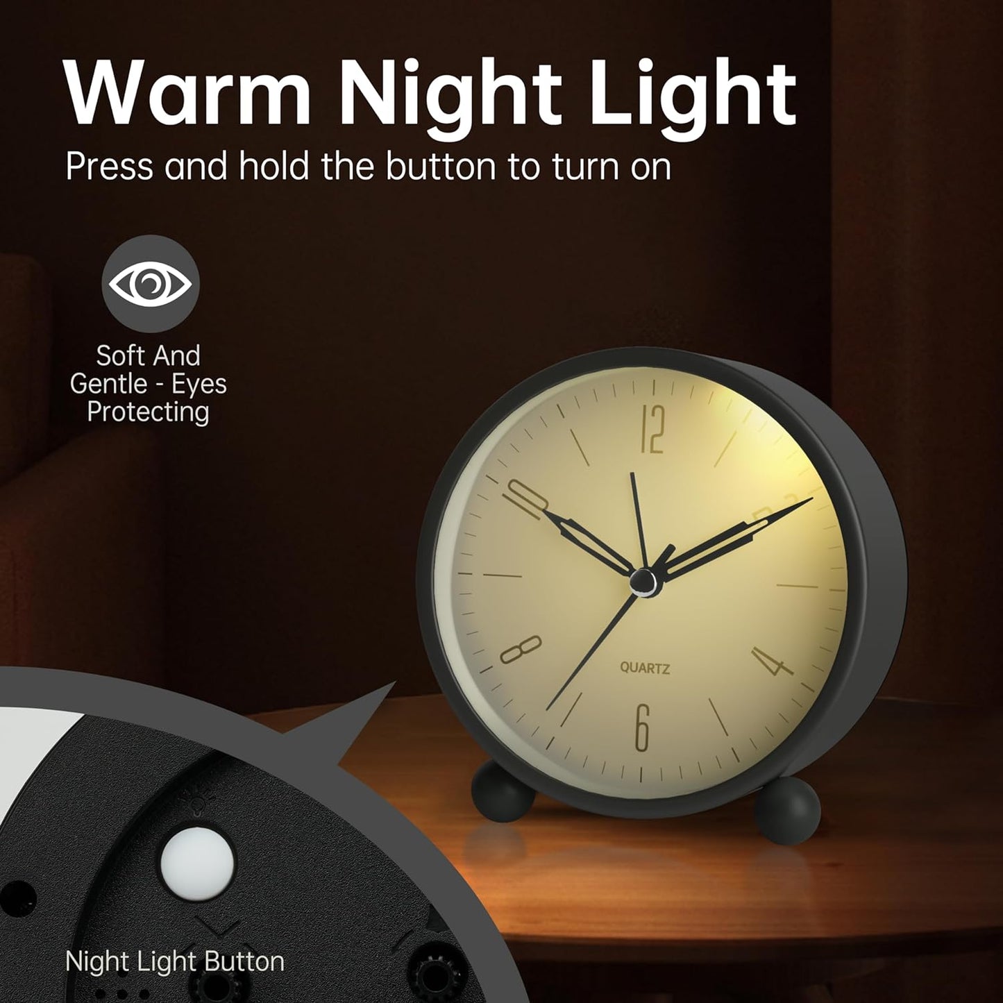 Analog Alarm Clock - 4 Inch Silent Non-Ticking Design with Night Light, Battery Operated, Classic Black Decor for Bedroom, Desk, and Gifting
