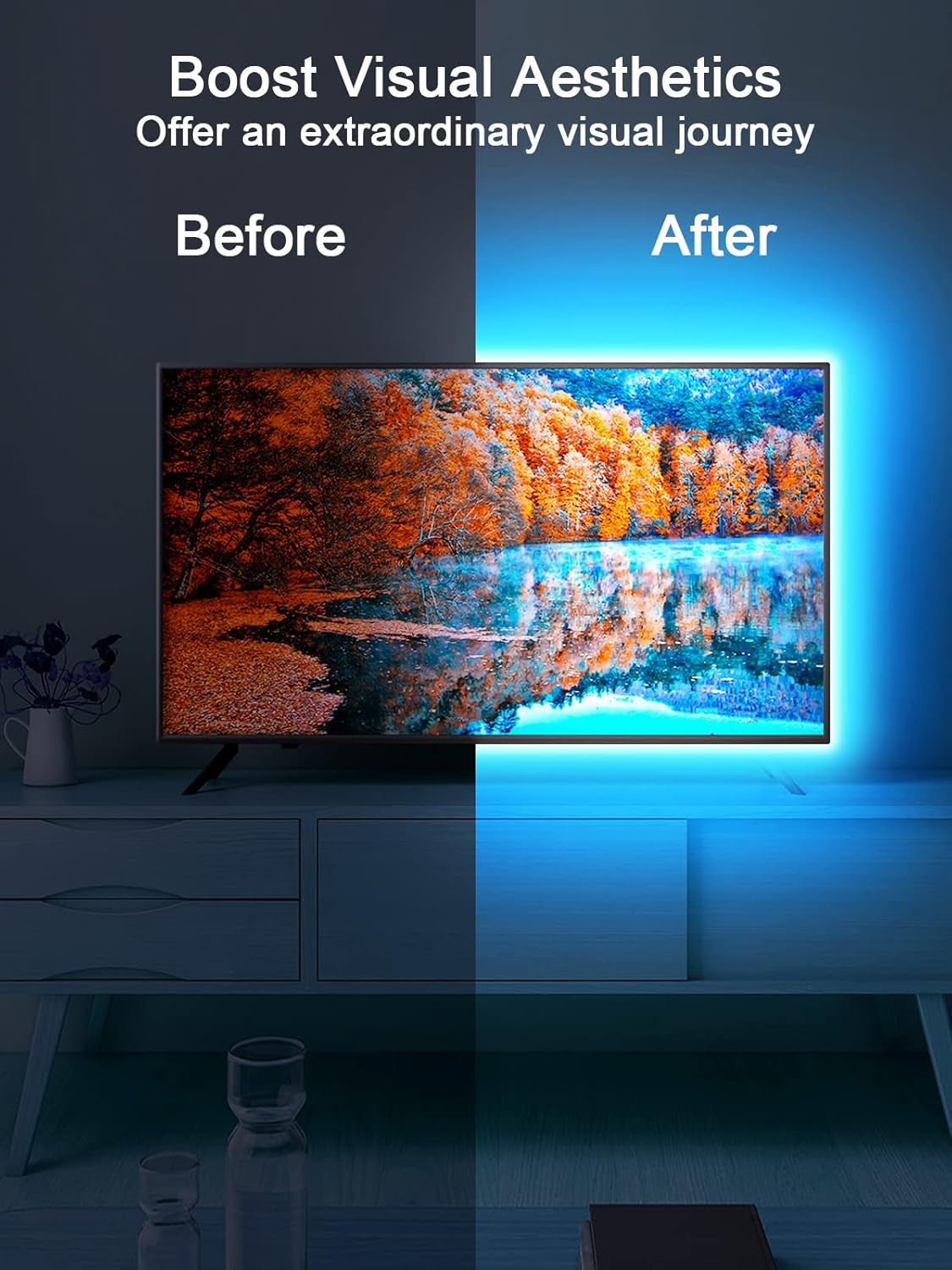 LED Backlight for TVs, 11.4Ft RGB Strip Lights for 32-50 Inch Monitors, Remote and Bluetooth APP Control, Music Sync, USB Powered Room Decoration