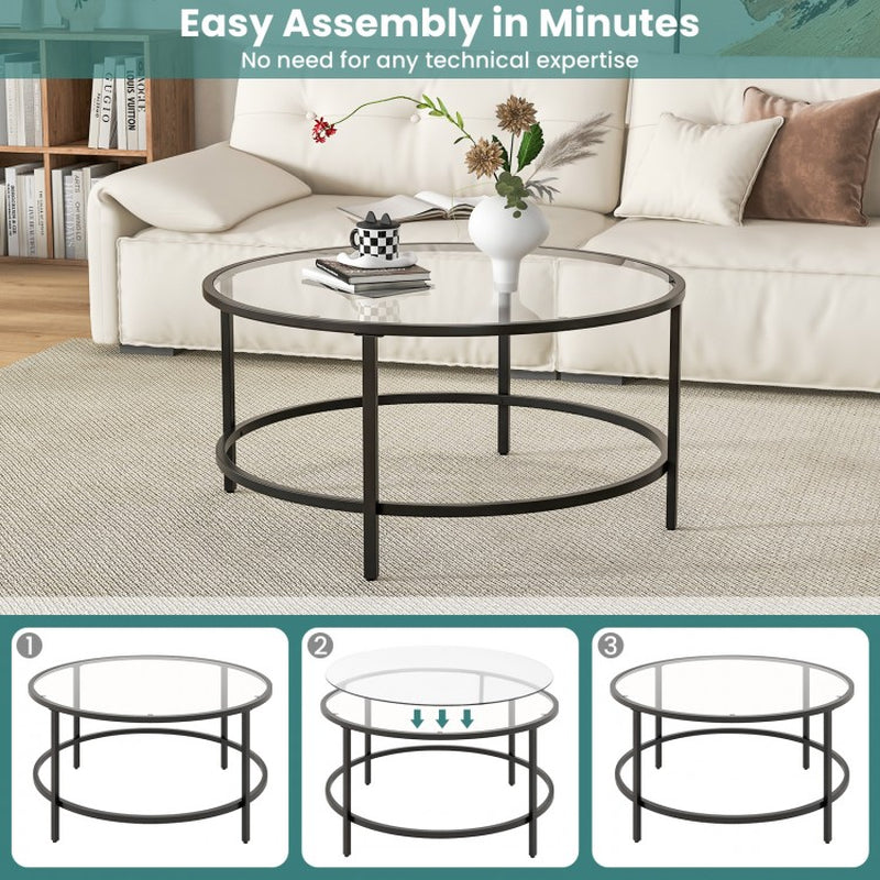 35.5-Inch Round Coffee Table with Tempered Glass Top