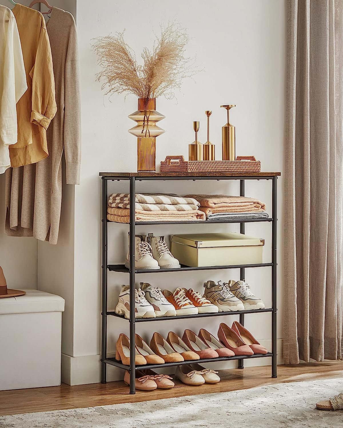 5-Tier Shoe Storage Rack for 15-18 Pairs, Narrow Organizer for Closet and Entryway, Rustic Brown and Black Design