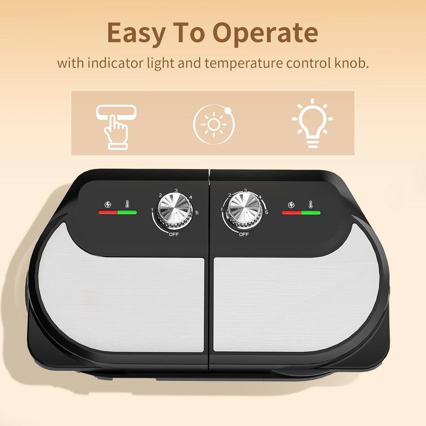6-Inch Double Waffle Maker, 1400W Belgian Waffle Iron with Nonstick Plates, Adjustable Temperature Control, Cool-Touch Handles
