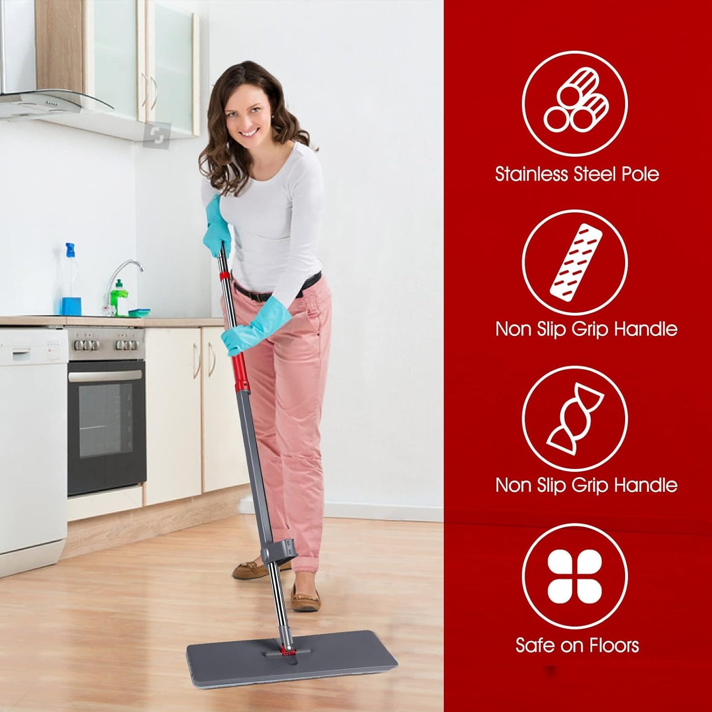 Self-Wringing Microfiber Flat Mop with 6 Washable Pads - Hands-Free Cleaning Solution for Hardwood, Laminate, and Tile Floors - Grey