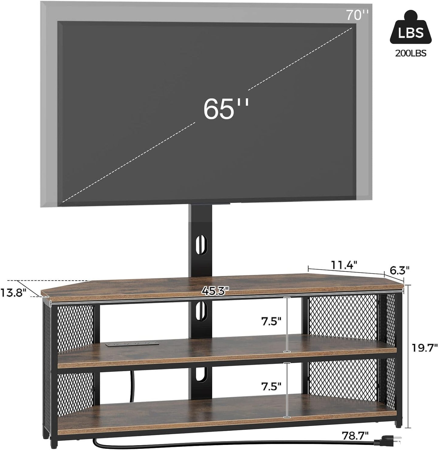 Rustic Brown TV Stand - Adjustable Mount and Power Outlet for 45-70 Inch TVs, Swivel Function and LED Lighting
