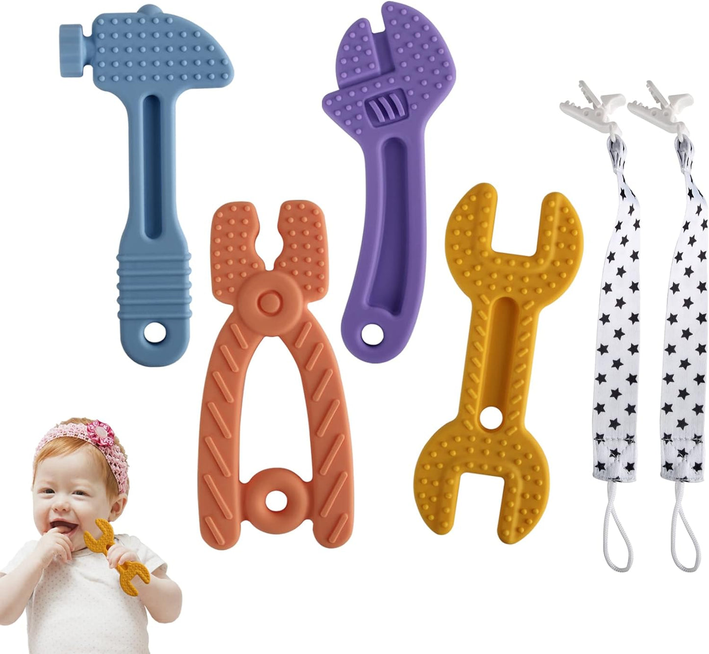 Baby Teether Toys, Soft Silicone Bpa-Free, 3-12 Months, Hammer Wrench Set, Easy to Hold & Clean (4 Pack)