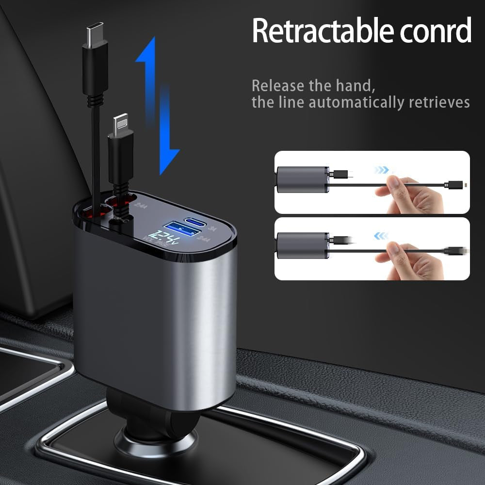 4-in-1 Fast Car Phone Charger, 60W USB Charger - Retractable Cables, Compatible with iPhone 15/14/13/12/11 and Galaxy Devices