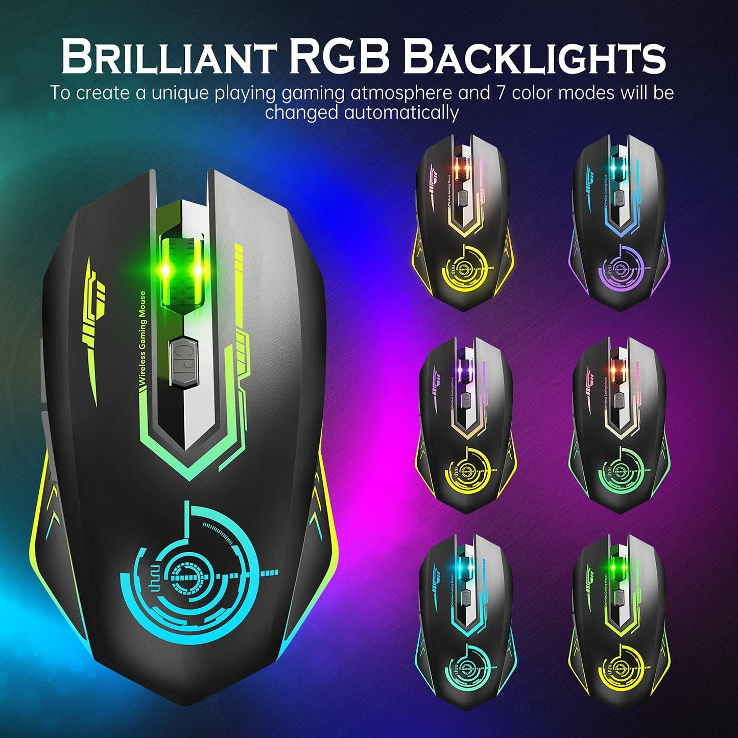 Wireless Gaming Mouse - 10000 DPI, Rechargeable USB Wireless Mouse - 6 Buttons 7 Changeable LED Color Programmable