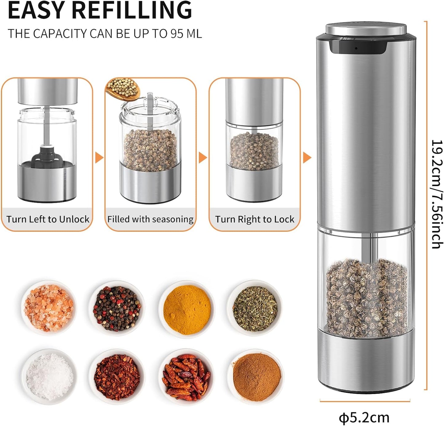 Rechargeable Electric Salt and Pepper Grinder Set with Adjustable Coarseness and Washable 95ml Transparent Container