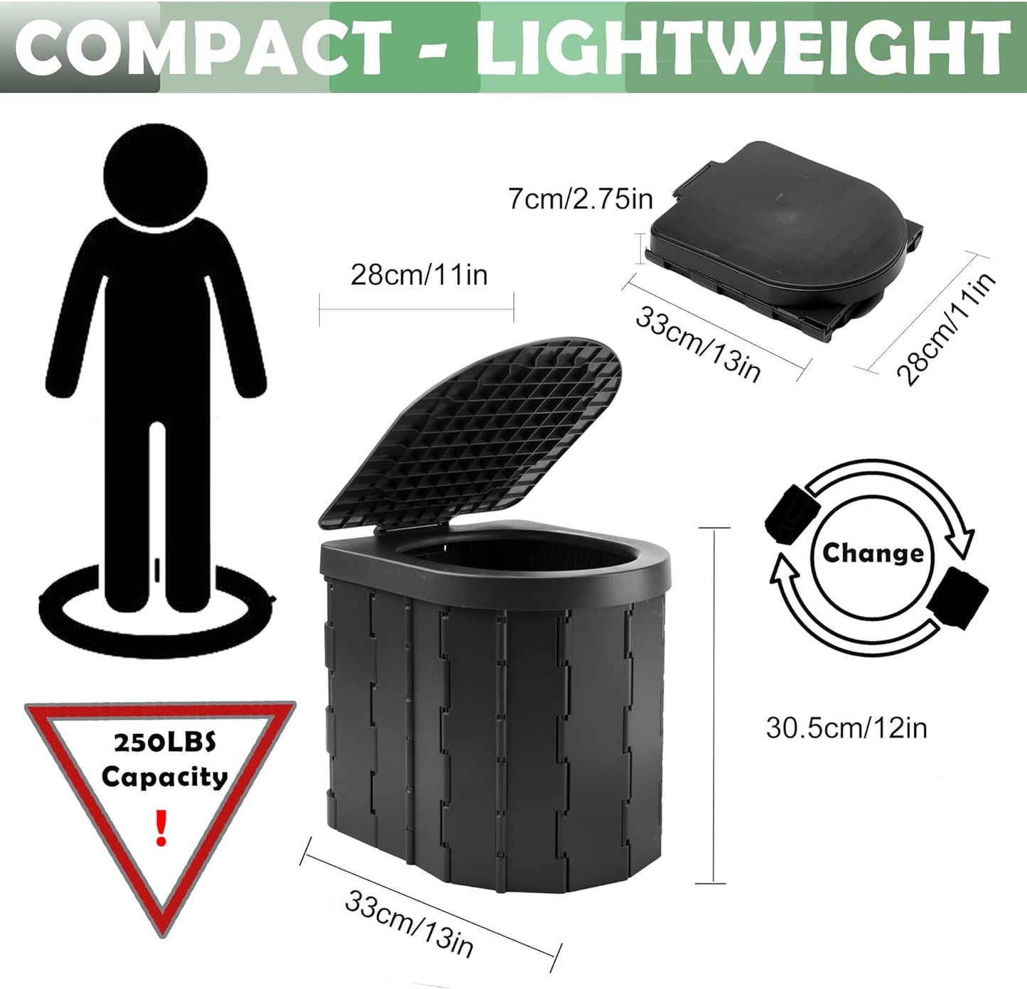 Portable Outdoor Toilet - Collapsible Camping and Fishing Toilet Bucket (Black)