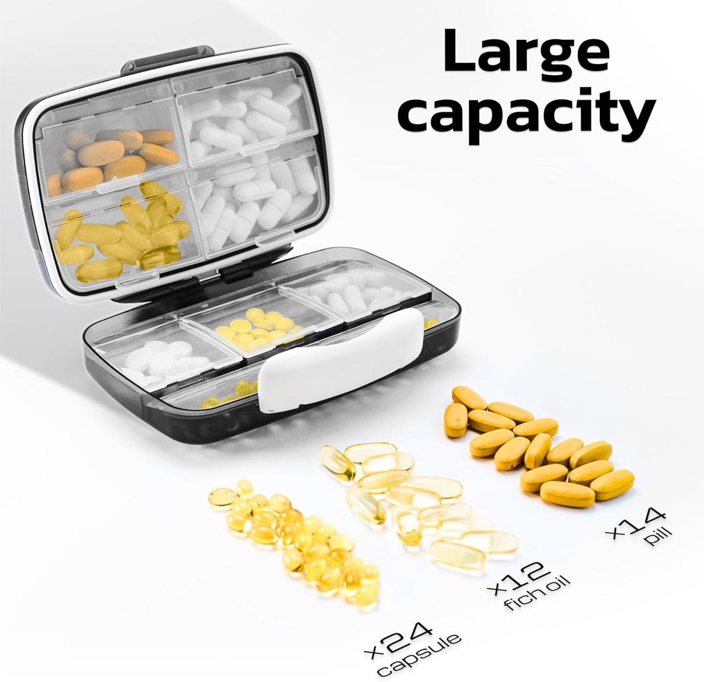 Airtight Travel Pill Organizer - Portable Medication Case with Labels and 8 Compartments - Large Capacity - Black