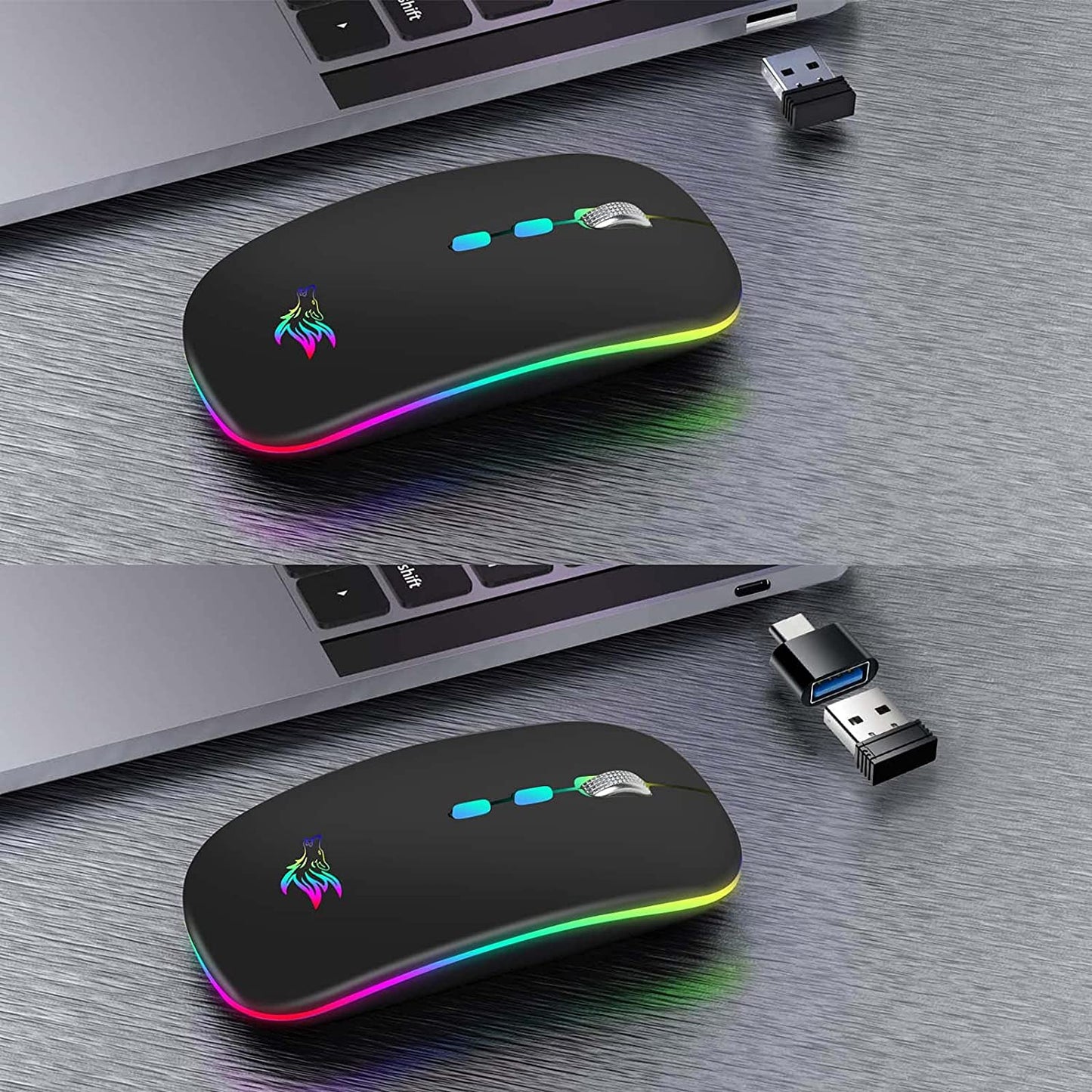 LED Wireless Mouse, Slim Rechargeable Silent Bluetooth Mouse, Portable USB Optical 2.4G Wireless Bluetooth Two Mode Computer Mice with USB Receiver and Type C Adapter (Black)
