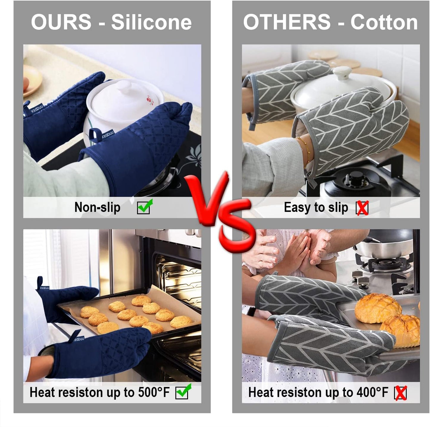 6-Piece High Heat Resistant Oven Mitts and Pot Holders Set with Non-Slip Silicone Surface, Extra Long Design for Safe Cooking up to 500 Degrees
