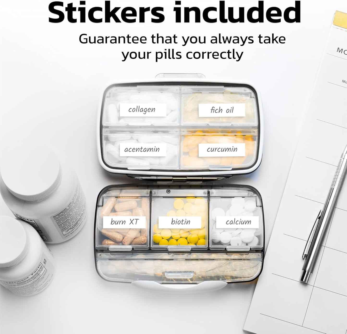 Airtight Travel Pill Organizer - Portable Medication Case with Labels and 8 Compartments - Large Capacity - Black