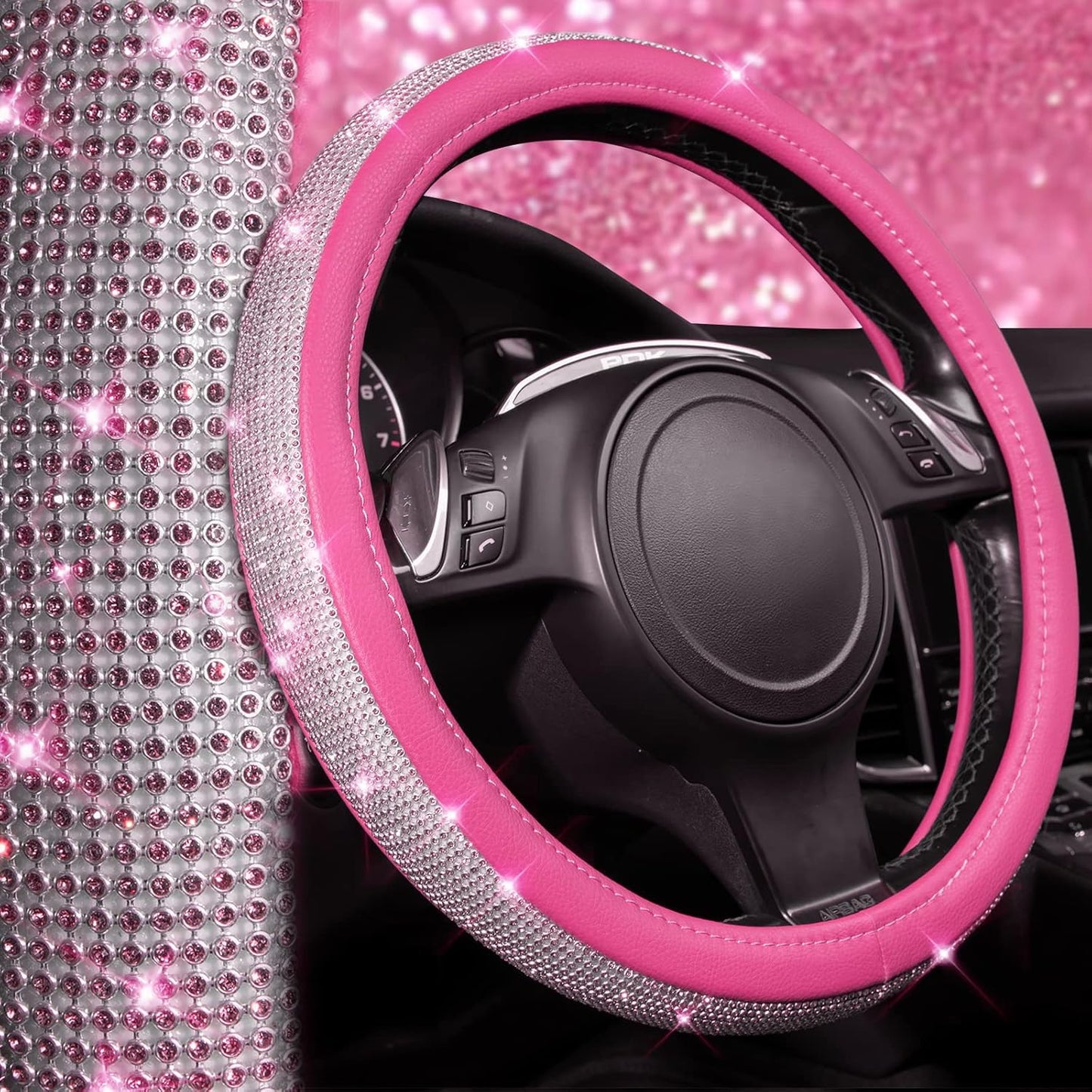 Diamond Pink Leather Steering Wheel Cover - Crystal Rhinestones - Universal Fit 14.5" to 15" - Sparkling Accessory