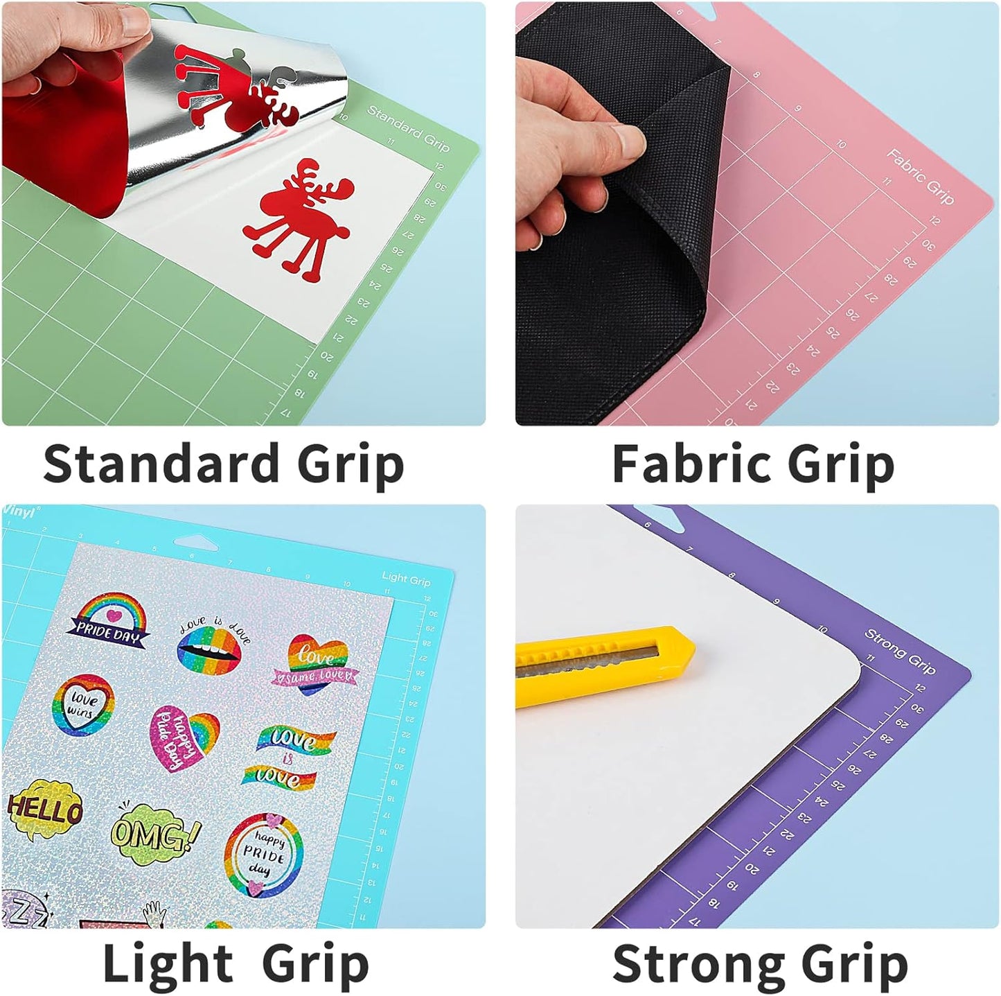 8-Pack Cutting Mats -12x12 Inches Variety Set-Permanent Vinyl, Standard, Light, Strong, Fabric Grip