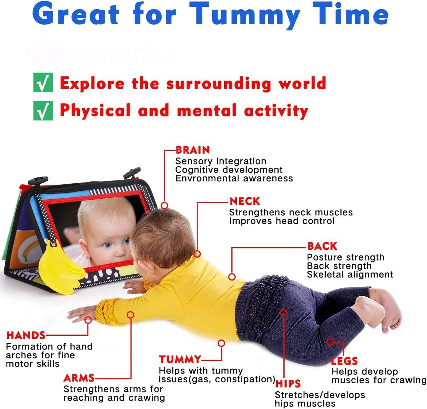 High Contrast Tummy Time Baby Mirror Toy - Montessori Crinkle Mat Cloth Book - Sensory Development Aged 0-12 Months