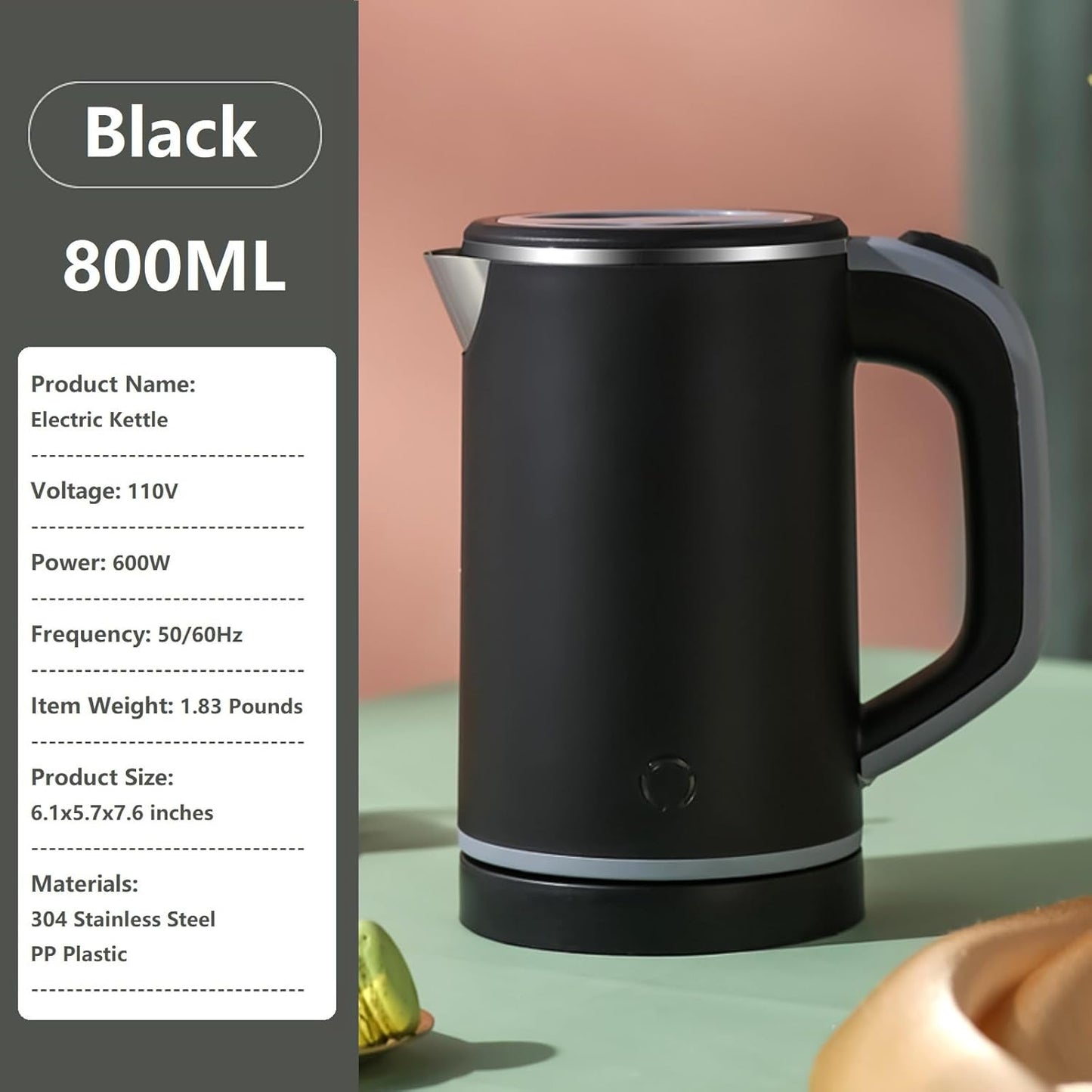 800ml Electric Kettle with Fast Boiling, Double Wall Design, Auto Shut-Off, Boil-Dry Protection, and BPA-Free Stainless Steel Cool Touch Finish (Black)