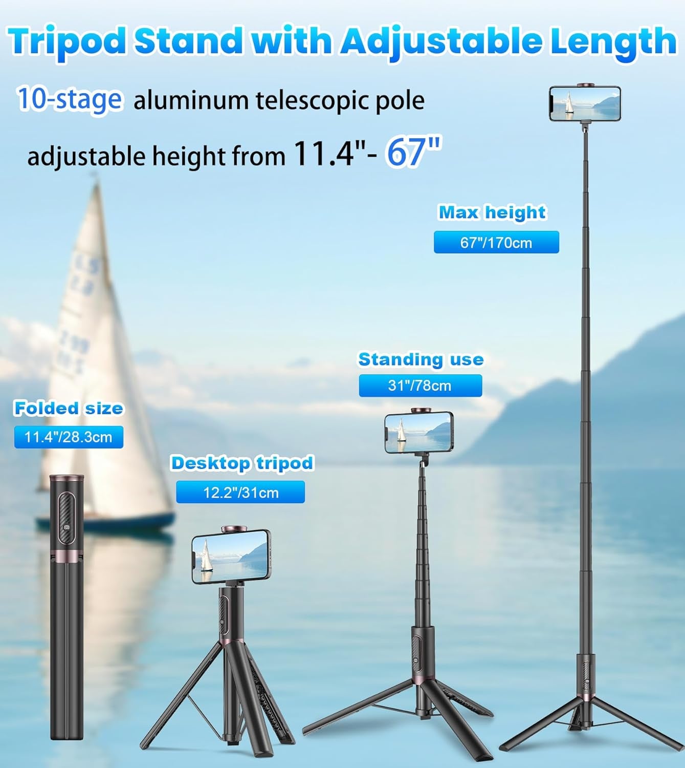 67-Inch All-in-One Travel Tripod and Selfie Stick for Smartphones with Integrated Wireless Remote - Portable, Lightweight, and Extendable for iPhone/Android (Black)
