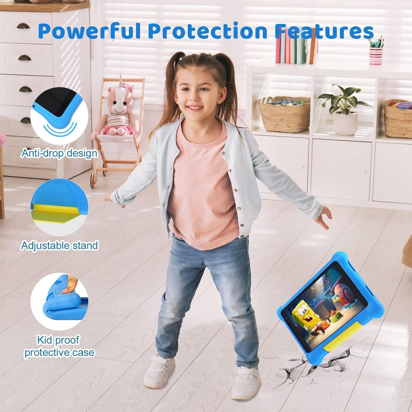 7-Inch Kids Tablet, Android 13 Quad-Core, 5GB RAM, 32GB Storage with 128GB Expandability, HD Display, Wi-Fi, Parental Control - Blue
