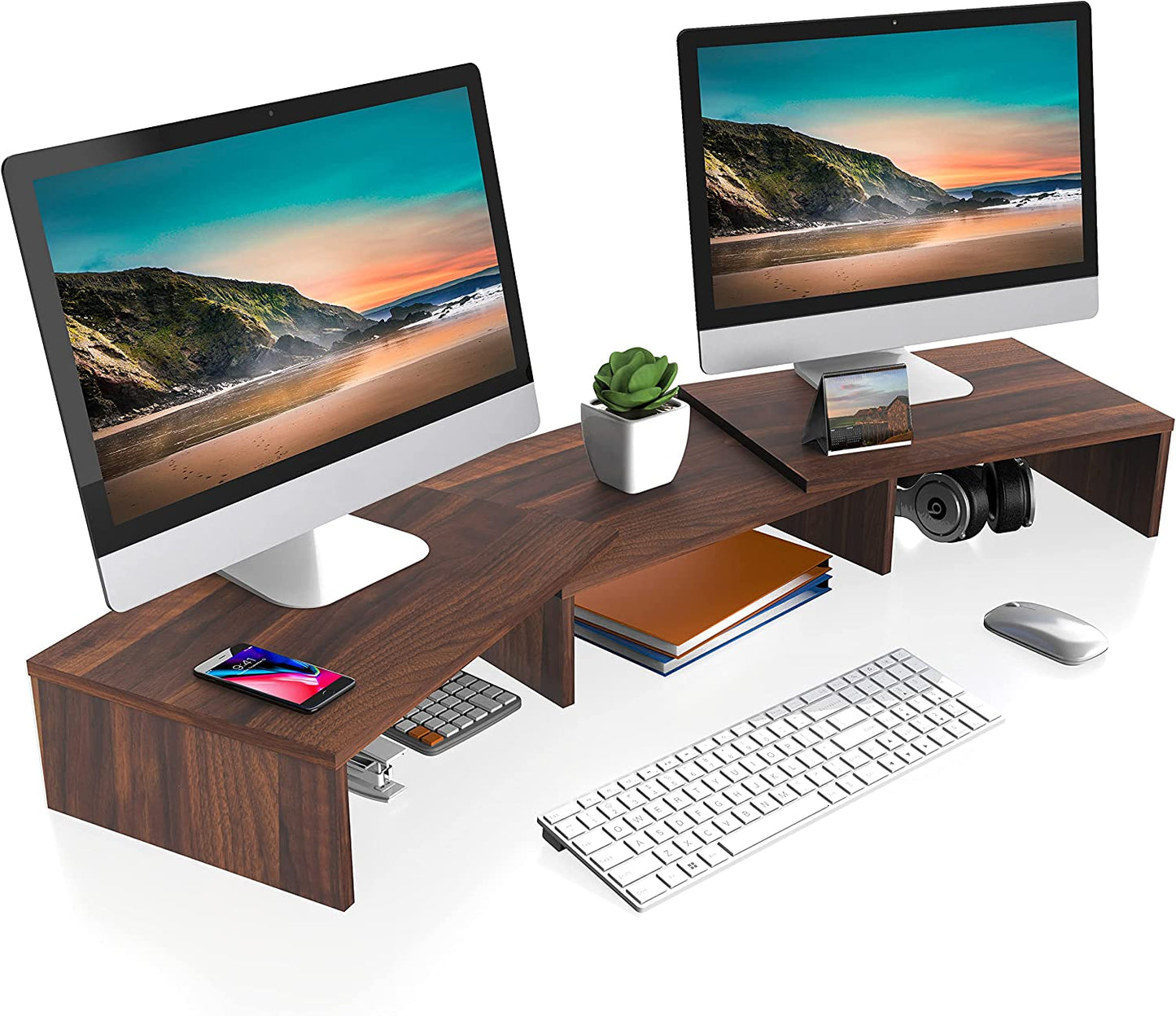 Dual Monitor Stand with Adjustable Length and Angle - 3-Shelf Wood Desktop Riser, Medium Black Office Accessory