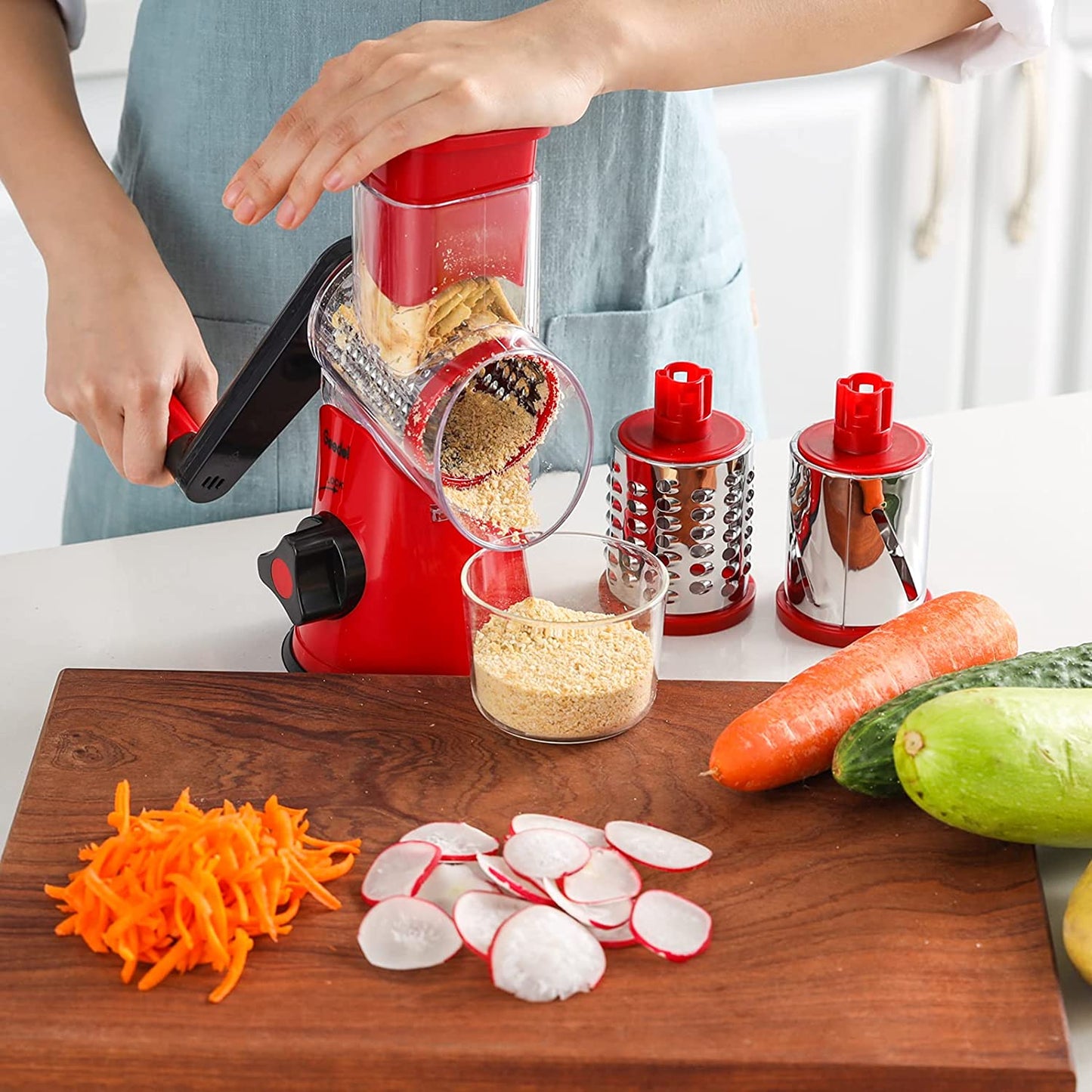 Rotary Mandoline Vegetable Slicer and Cheese Grater with Interchangeable Blades for Effortless Food Preparation