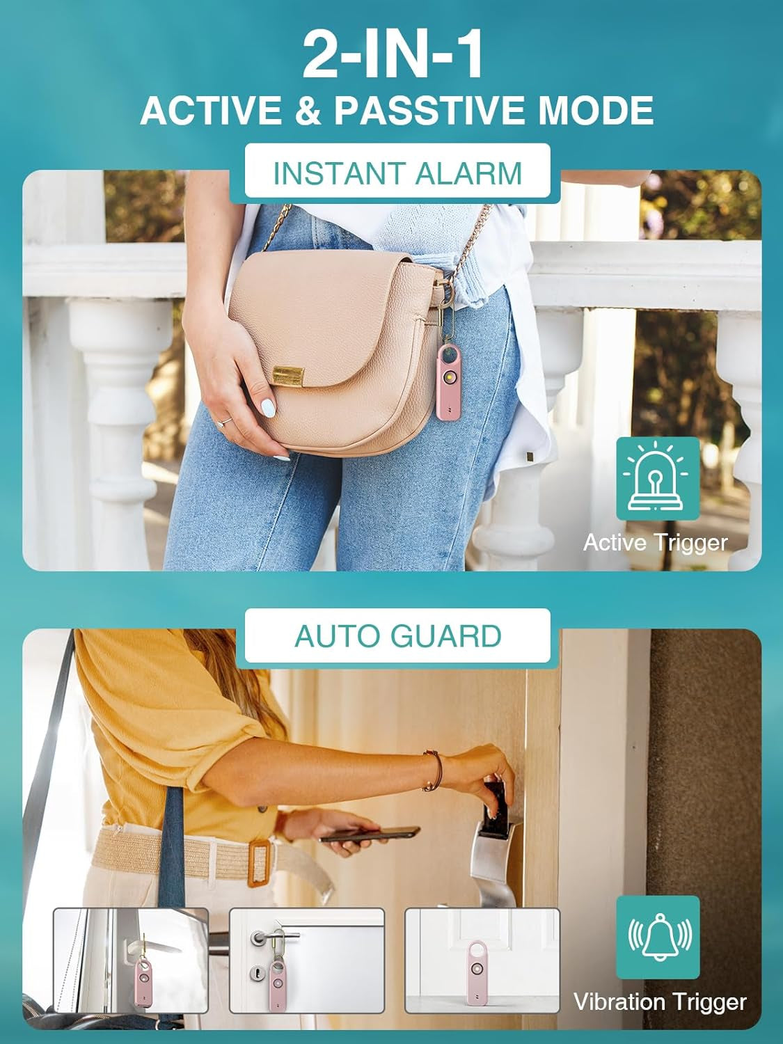 Dual Alarm Self-Defense Personal Alarm - Women - 135 dB Siren with LED, Solid Brass Key Chain, Key Ring in Three Vibrant Colors