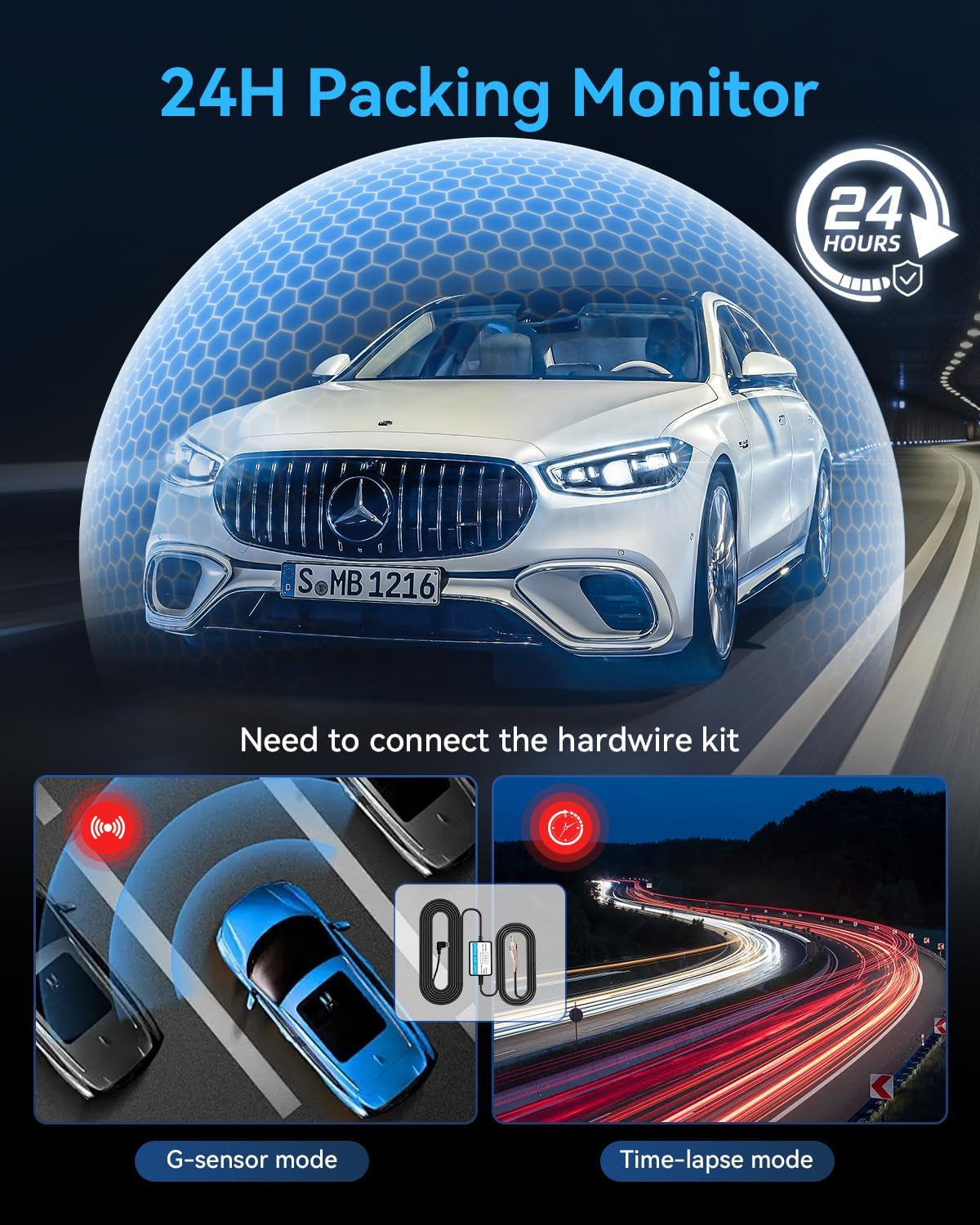 4K Full HD 3-Channel Dash Camera - Front and Rear View, Includes Free 32GB Card, Night Vision, G-Sensor, 24-Hr Park Mode, 170° Wide Angle, and Loop Recording
