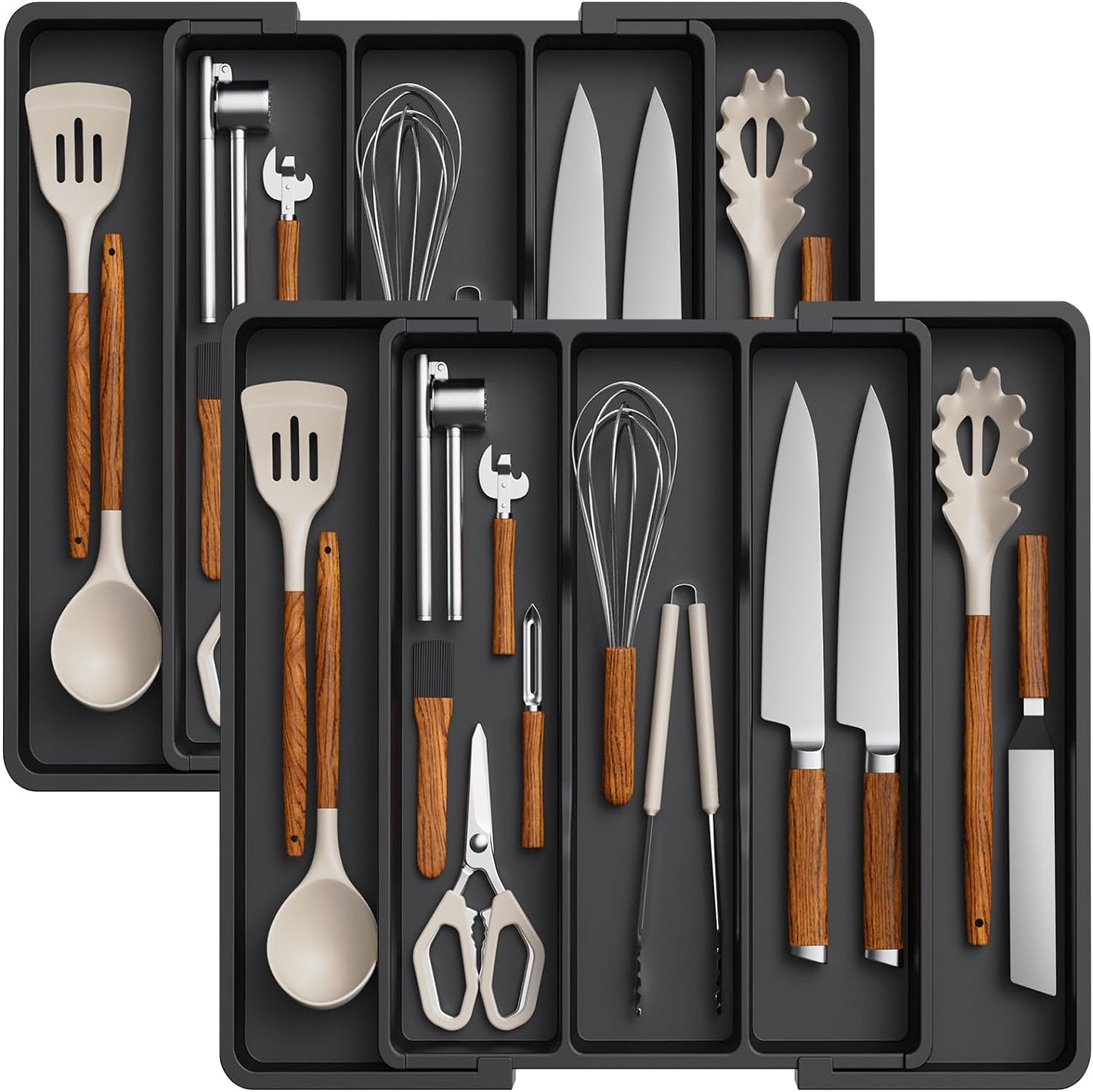 Expandable Kitchen Utensil Organizer Tray - Adjustable Cutlery and Silverware Holder, Large Gray Plastic Storage Divider