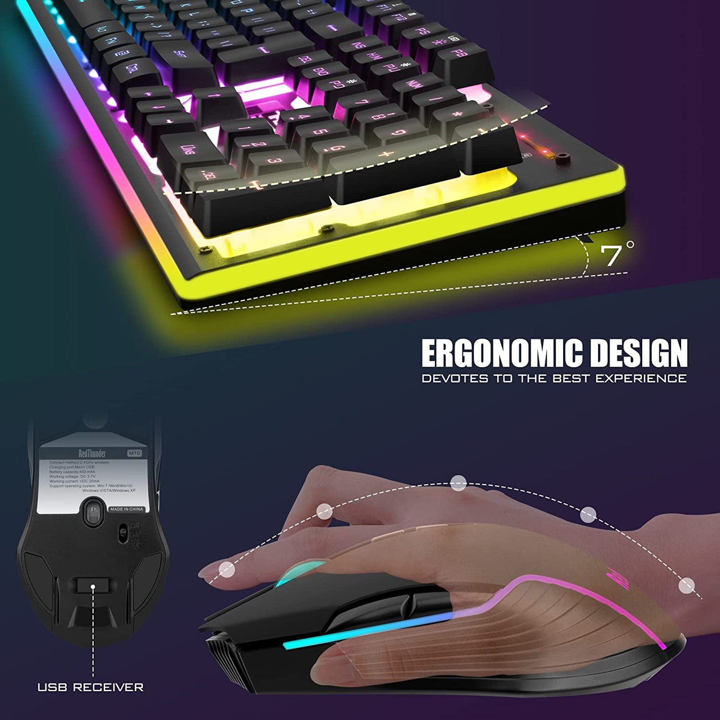 Wireless Gaming Keyboard and Mouse Set with LED Backlighting, Rechargeable 3800mAh Battery, Mechanical Feel (Black)