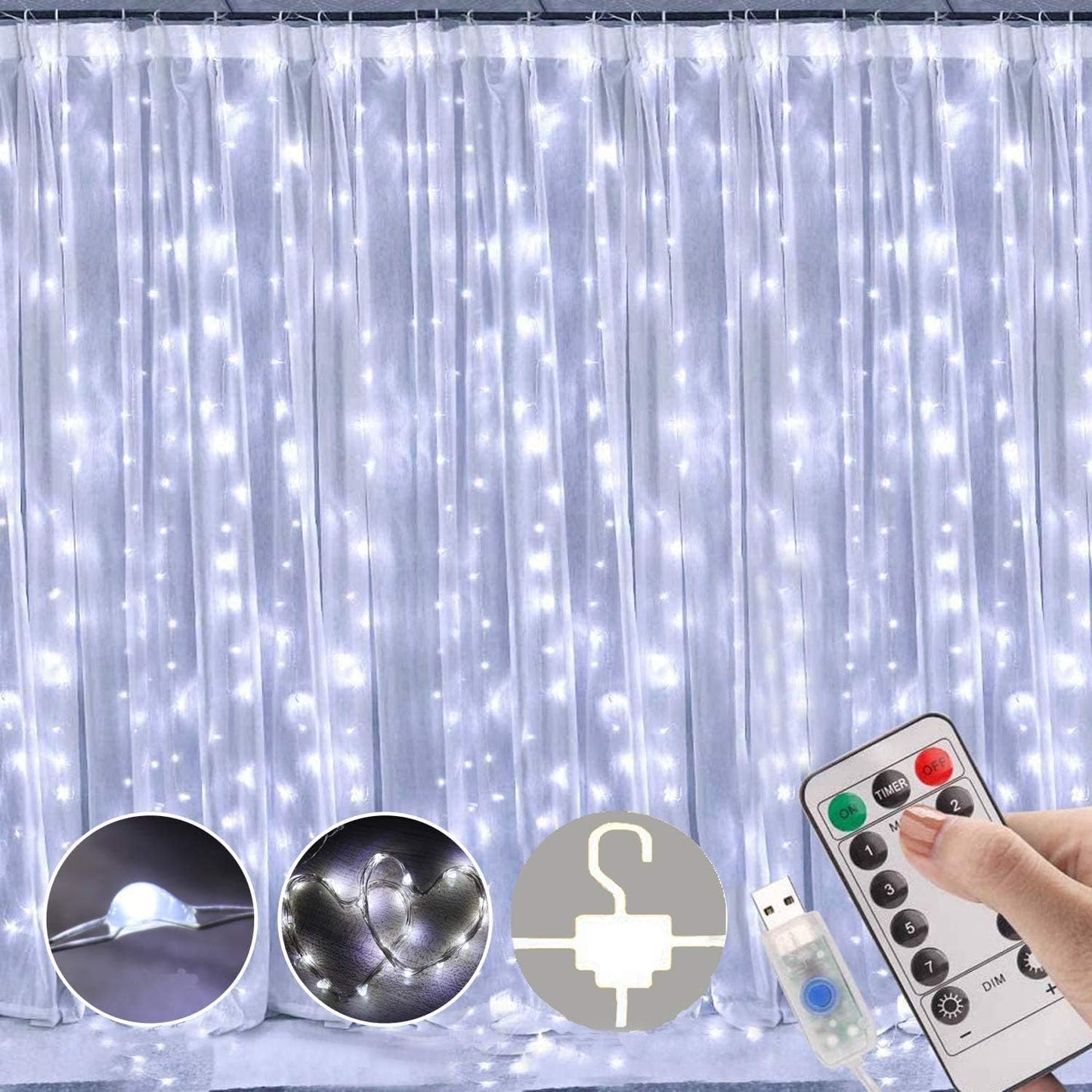 300 LED Warm White Curtain Fairy Lights with 8 Modes, USB Powered Icicle String Lights with Remote and Timer for Indoor and Outdoor Decoration (9.8 x 9.8 Ft)