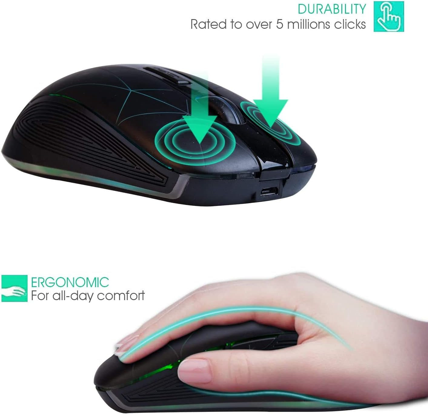 Wireless Mouse, RGB Rechargeable - 3 Adjustable Moving Speeds, Usb Cordless 6 Buttons Mouse with USB Nano Receiver