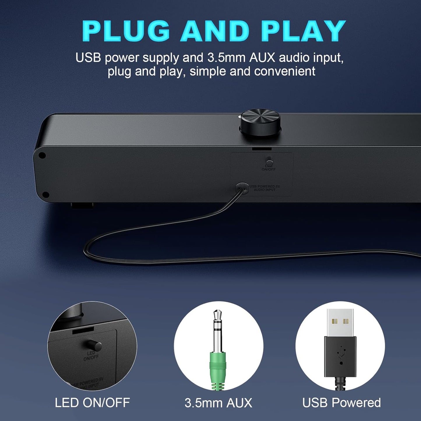 Wired USB Computer Speakers with RGB Lighting - External Sound Bar for Desktop and Laptop with 3.5mm AUX Connection, Plug and Play