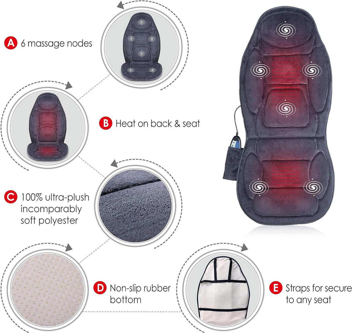 Vibrating Massage Seat Cushion with Heat - 6 Motors and 2 Heat Settings, Back Massager Pad, Ideal Gift for Parents