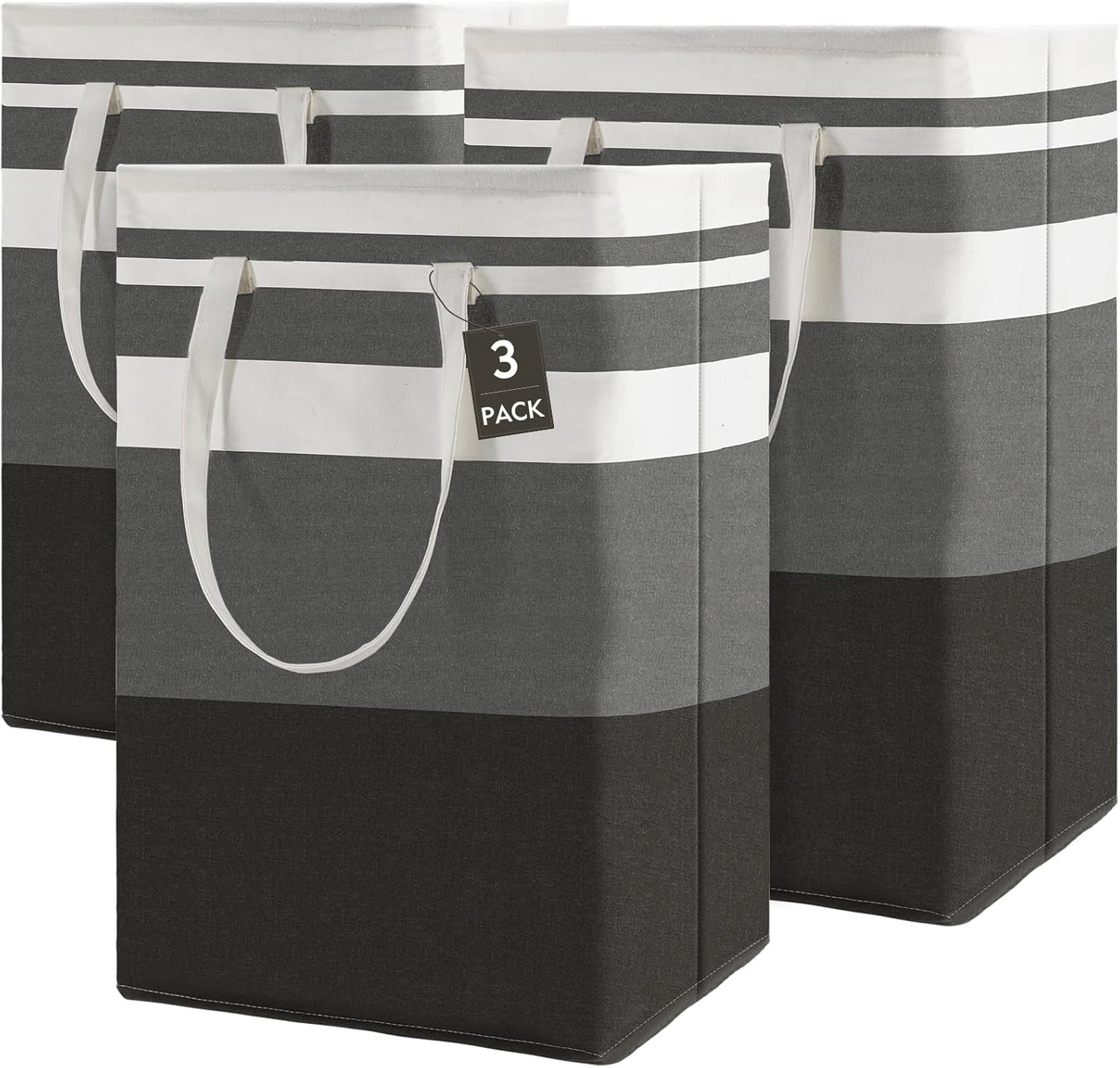 80L 3-Pack Freestanding Laundry Basket with Extended Handle, Collapsible Large Cotton Clothes Hamper Storage Basket, Gradient Grey