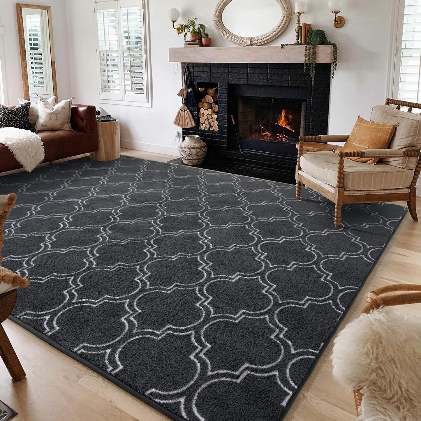 Shag Area Rug, 4' x 6' Soft Trellis Design for Bedroom and Living Room, Memory Foam Indoor Carpet, Gray/White