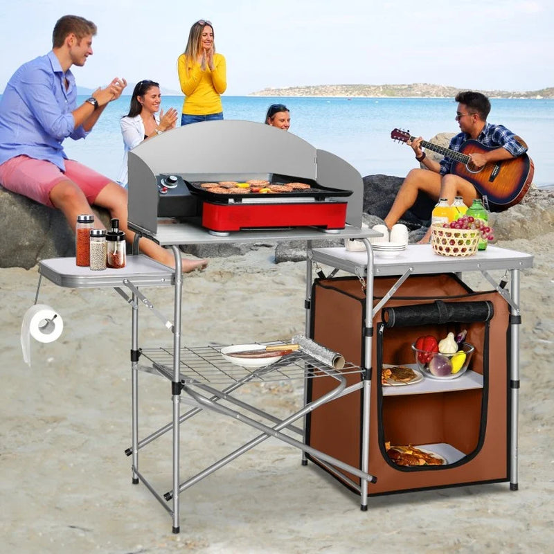 Portable Outdoor BBQ Grilling Table with Protective Windscreen Bag