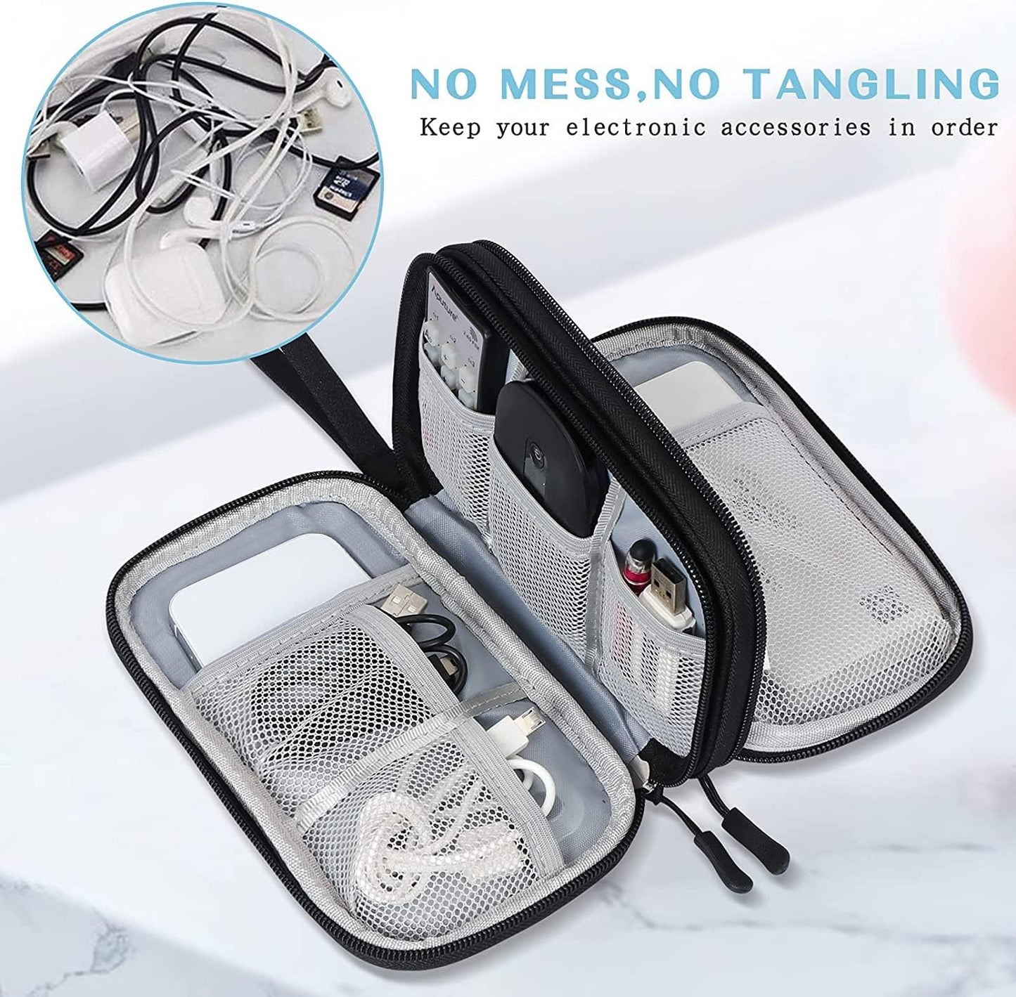 Portable Waterproof Electronic Organizer Bag - Double Layer Travel Case for Cables, Chargers, and Accessories - Black