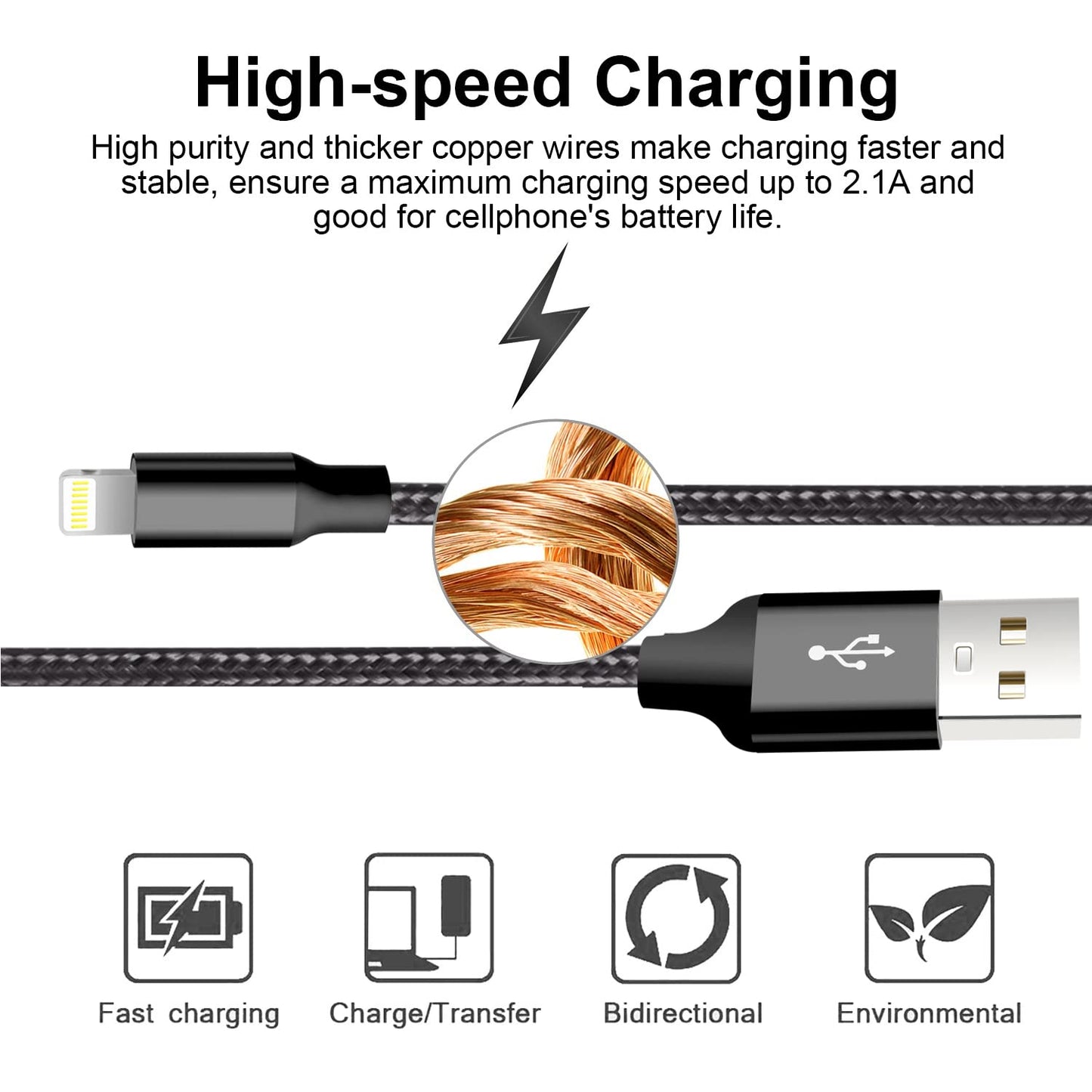 Apple MFi Certified USB Lightning Cable - 5 Pack (3FT, 3FT, 6FT, 6FT, 10FT) Nylon Braided Fast Charging Cords for iPhone 14/13/12/11/X/Max/8/7/6/5/SE/Plus/iPad - Black
