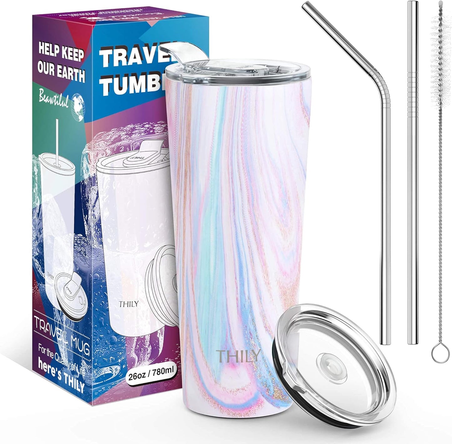 Stainless Steel 26 Oz Triple-Insulated Travel Tumbler with Splash-Proof Lid for Hot and Cold Beverages - Pink Ripple Design
