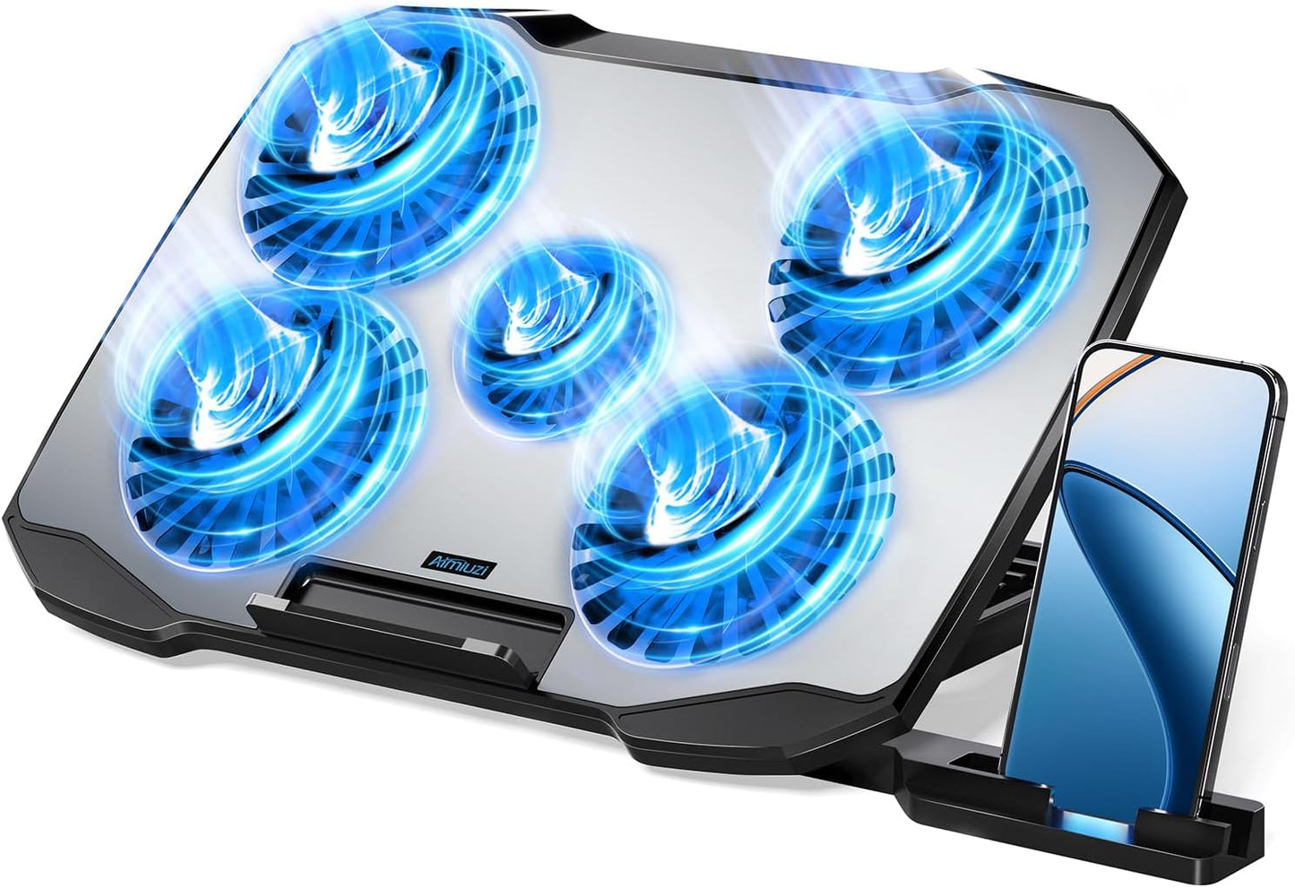 Laptop Cooling Pad for Gaming Laptops, Featuring 5 Quiet Fans, Adjustable Height, Dual USB Ports, and Integrated Phone Stand for 12-15.6 Inch Devices