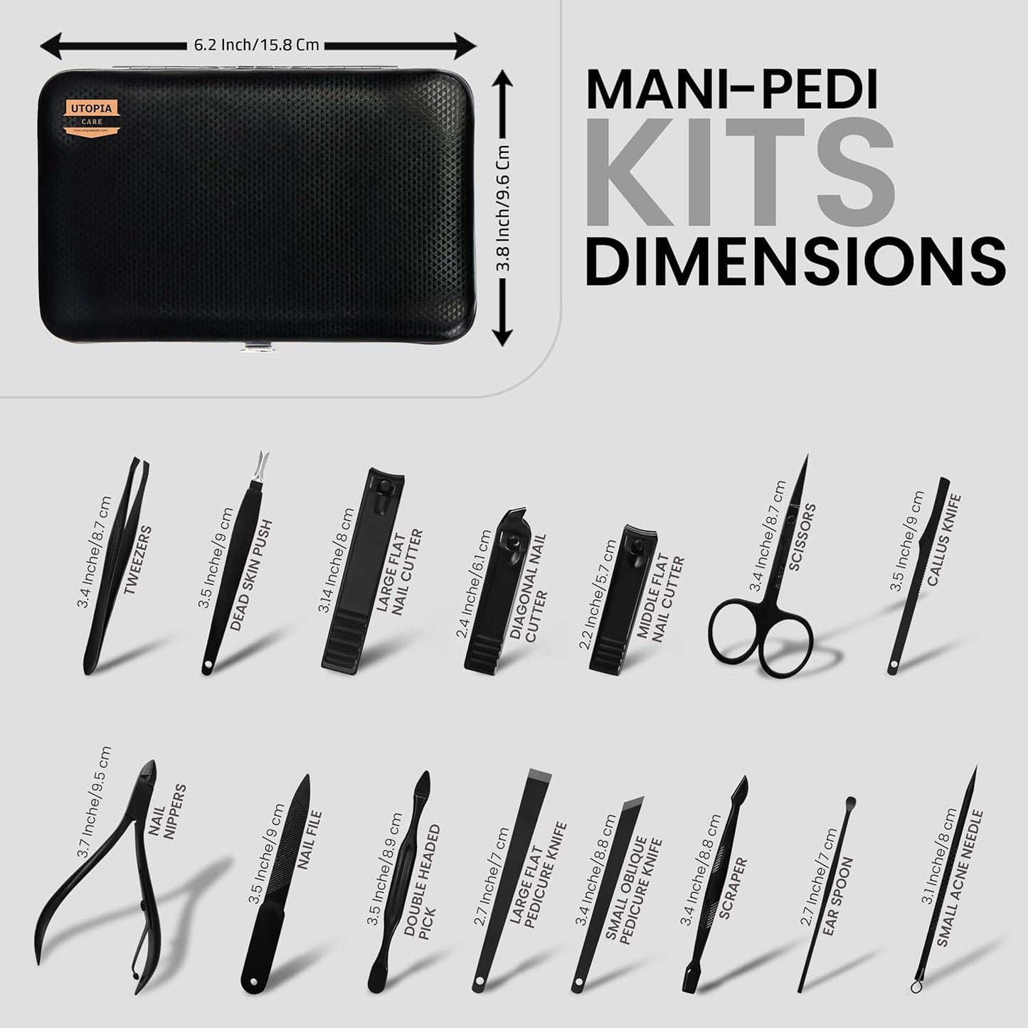 15-in-1 Professional Stainless Steel Manicure and Pedicure Set - Portable Grooming Kit Nail Care (Black)