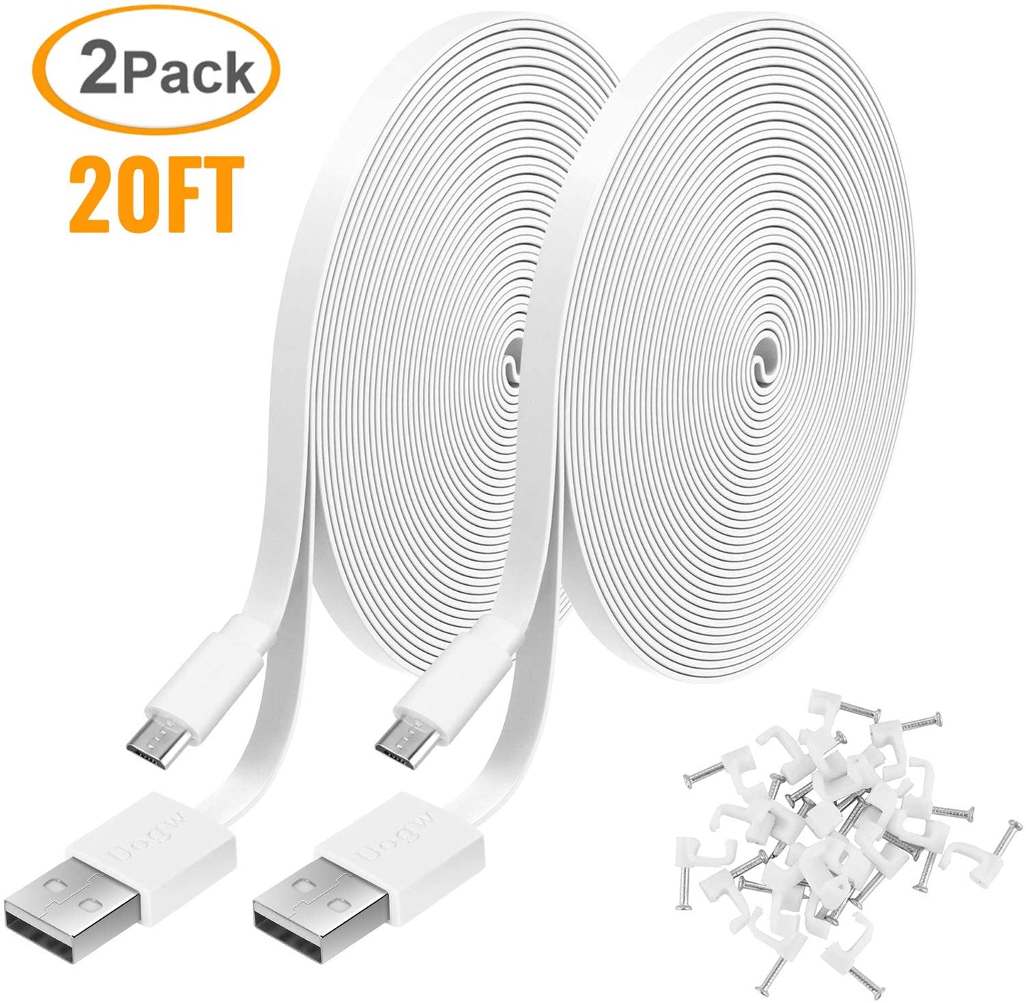 2 Pack 20FT Power Extension Cable Compatible with Wyze Cam V4,Wyzecam,Wyze Cam Pan,Wyze Cam Og,Nestcam Indoor,Blink,Amazon Cloud Camera,Usb to Micro USB Durable Charging and Data Sync Cord(White)